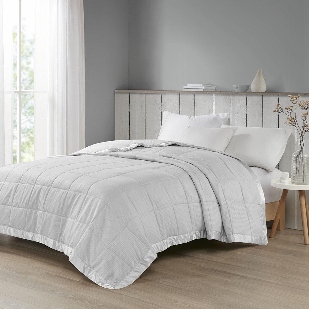 Oversized Hypoallergenic Down Alternative Blanket with Satin Trim, 3M Scotchgard Treatment, Machine Washable, 108" L x 96" W x 0.25" H, Gray