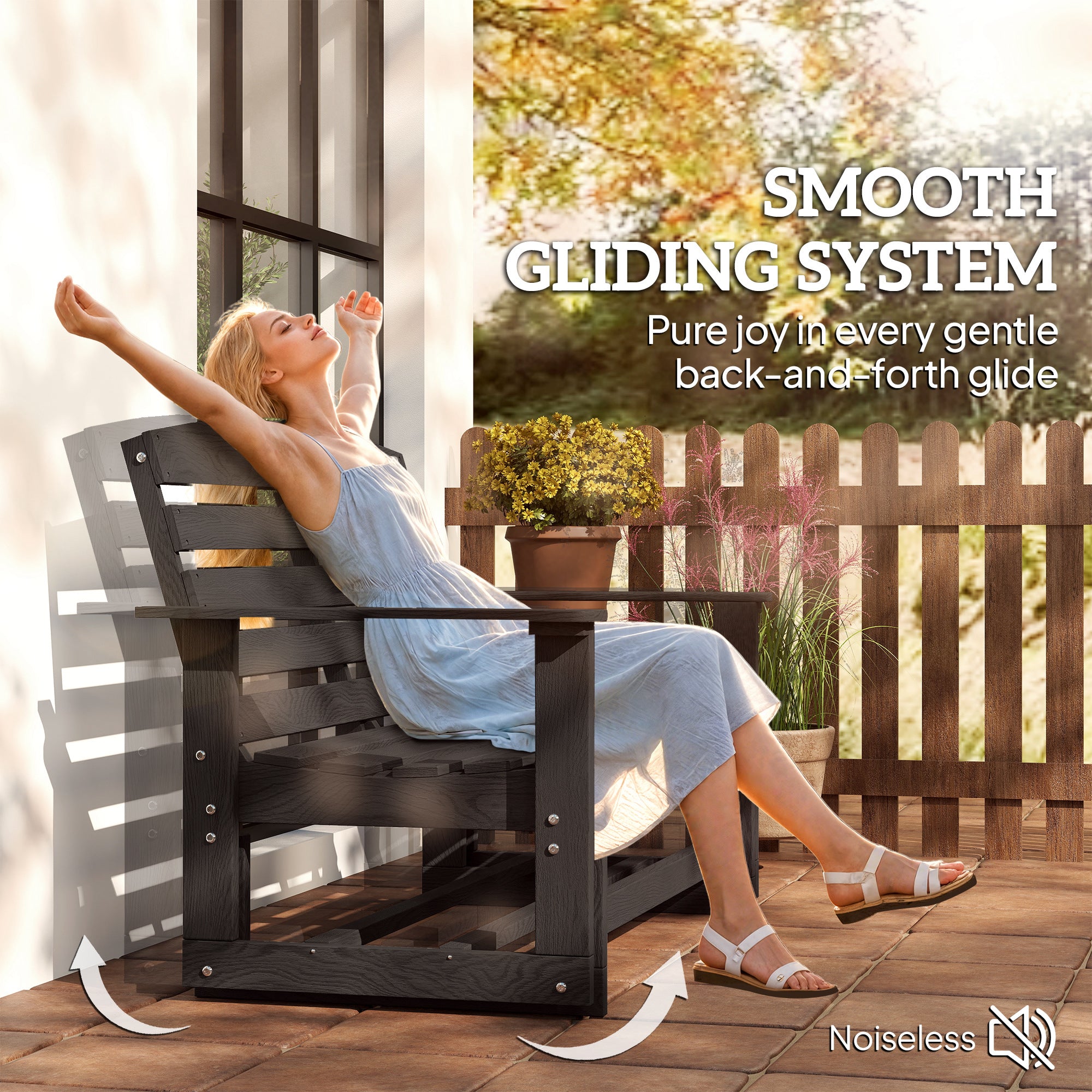 Patio Glider Bench w/ HDPE Slatted Double Rocking Chair, Distressed Black