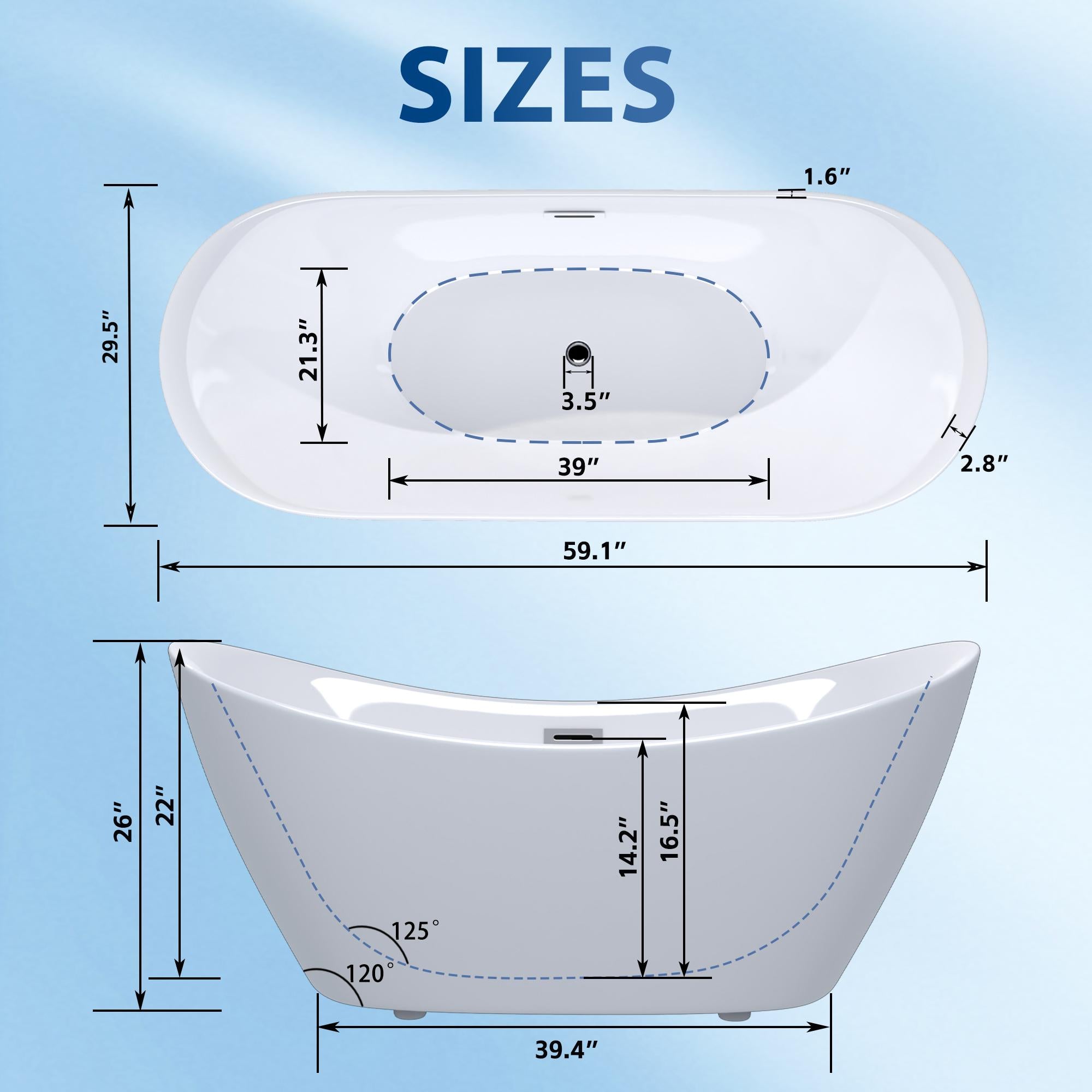 59" Freestanding Acrylic Tub with Adjustable Leveling Feet, Bathtub with Pop‑Up Drain & Chrome Overflow, 59" L x 29.5" W x 26" H, Gloss White