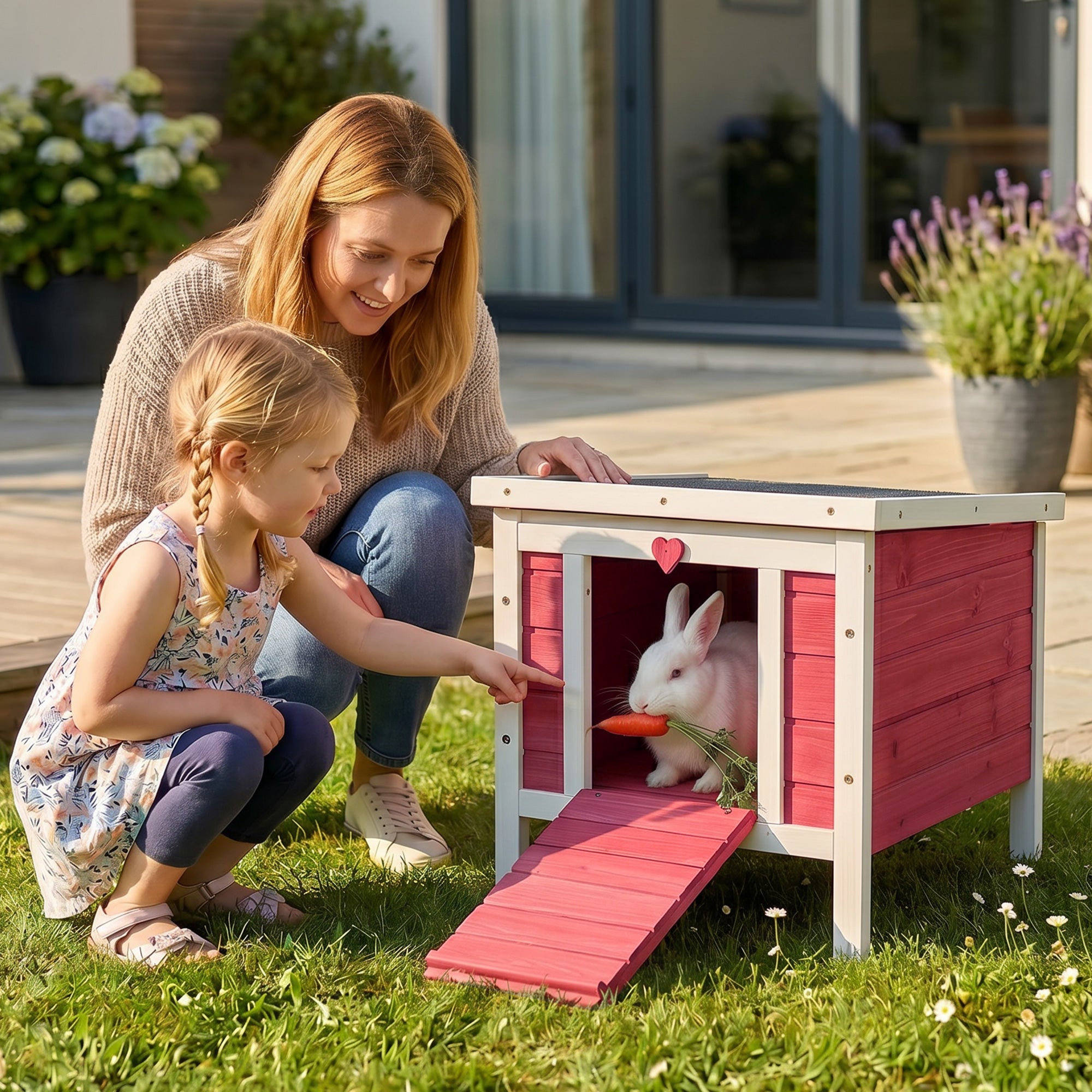 Small Wooden Rabbit Hutch Bunny Cage Guinea Pig Cage Duck House Dog House with Openable & Waterproof Roof, for Rabbits, Chickens, Ducks, Red