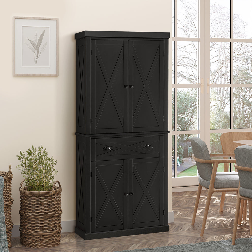 72" Kitchen Pantry Storage Cabinet, Traditional Freestanding Pantry Cabinet with 4 Doors and 2 Adjustable Shelves, Large Central Drawer, X-Frame, Black