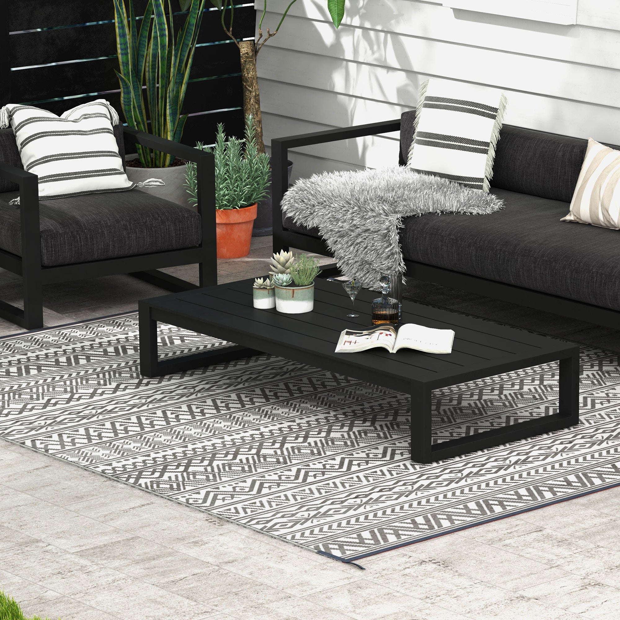 Reversible Outdoor Rug Carpet RV Camping Rugs with Carry Bag, 8' x 10', Gray & Cream White Boho