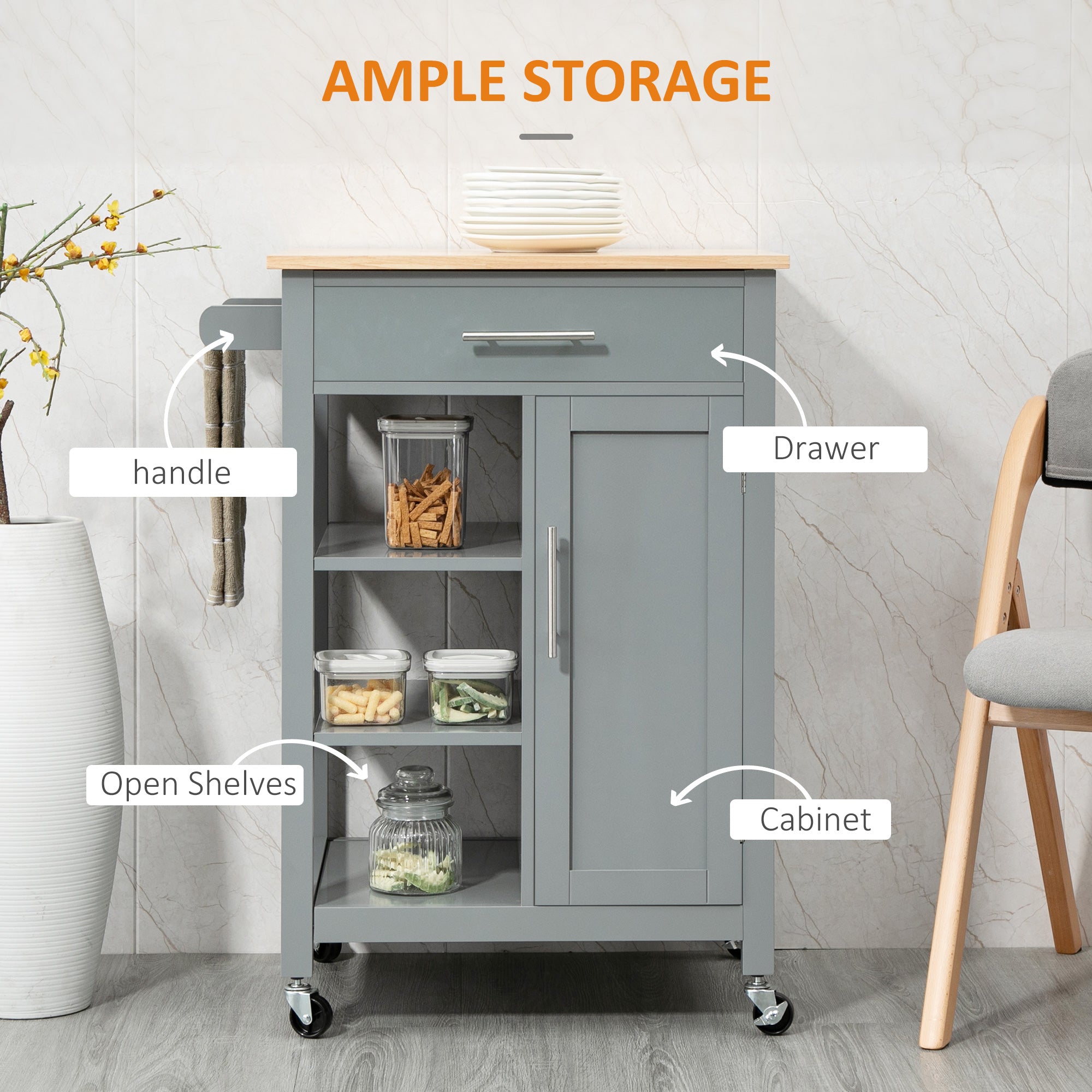 Kitchen Island Cart, Rolling Kitchen Island with Storage Shelf, Solid Wood Top, Drawer, for Dining Room, Gray