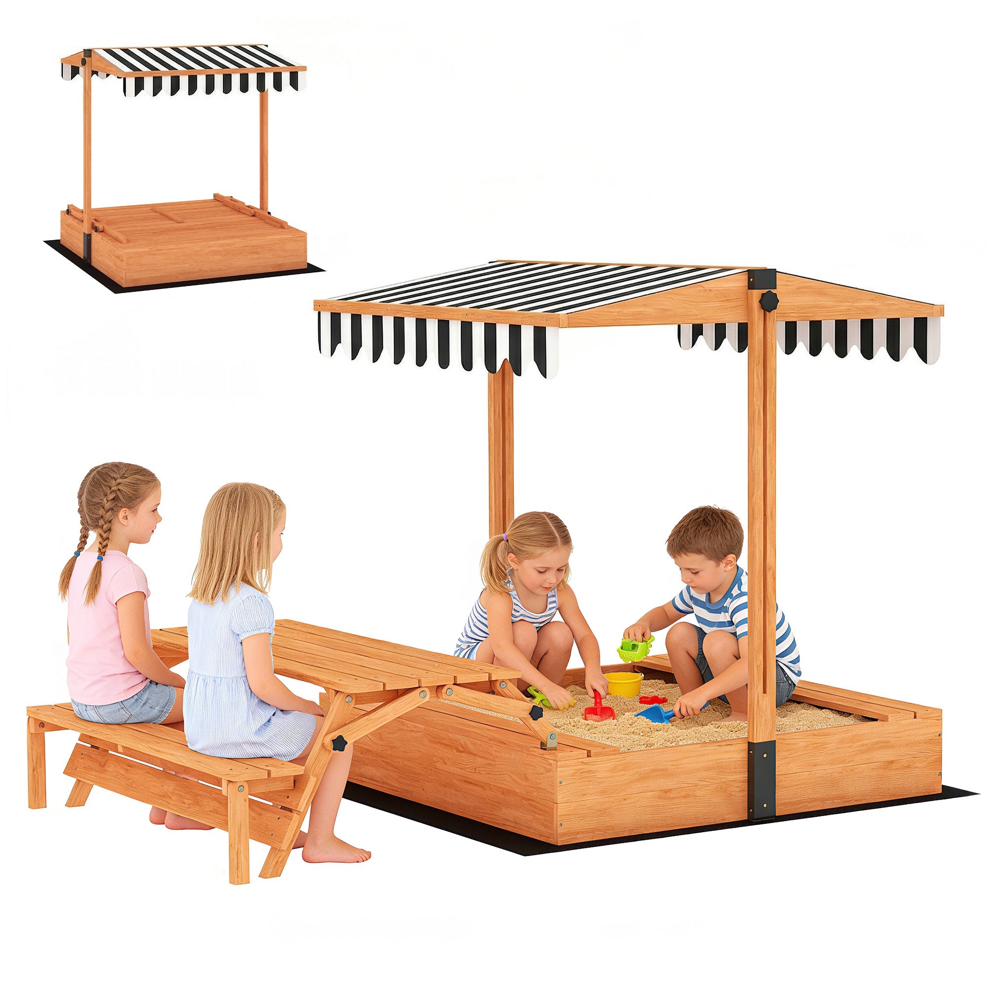 Kids Sandbox with Lid, Wooden Sand Pit with Canopy, Foldable Picnic Table, Bench Seats, Bottom Liner, Cover, Brown