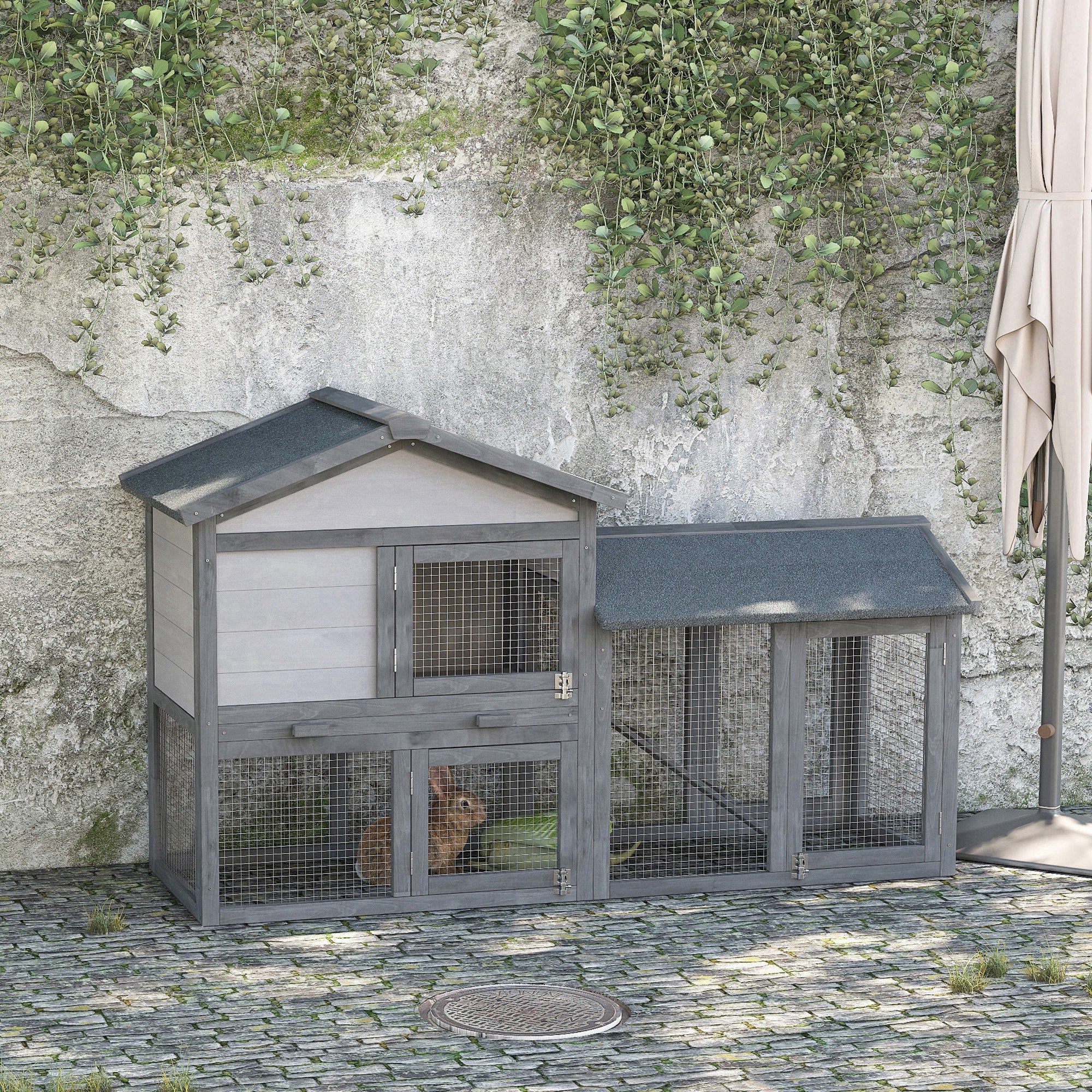 58" Large Rabbit Hutch Outdoor Indoor, Wooden Bunny Hutch, Guinea Pig Cage with Run, Removable Tray, Asphalt Roof, Lockable Doors and Ramp, for 1-2 Small Rabbits, Chickens, Ducks, Dark Gray
