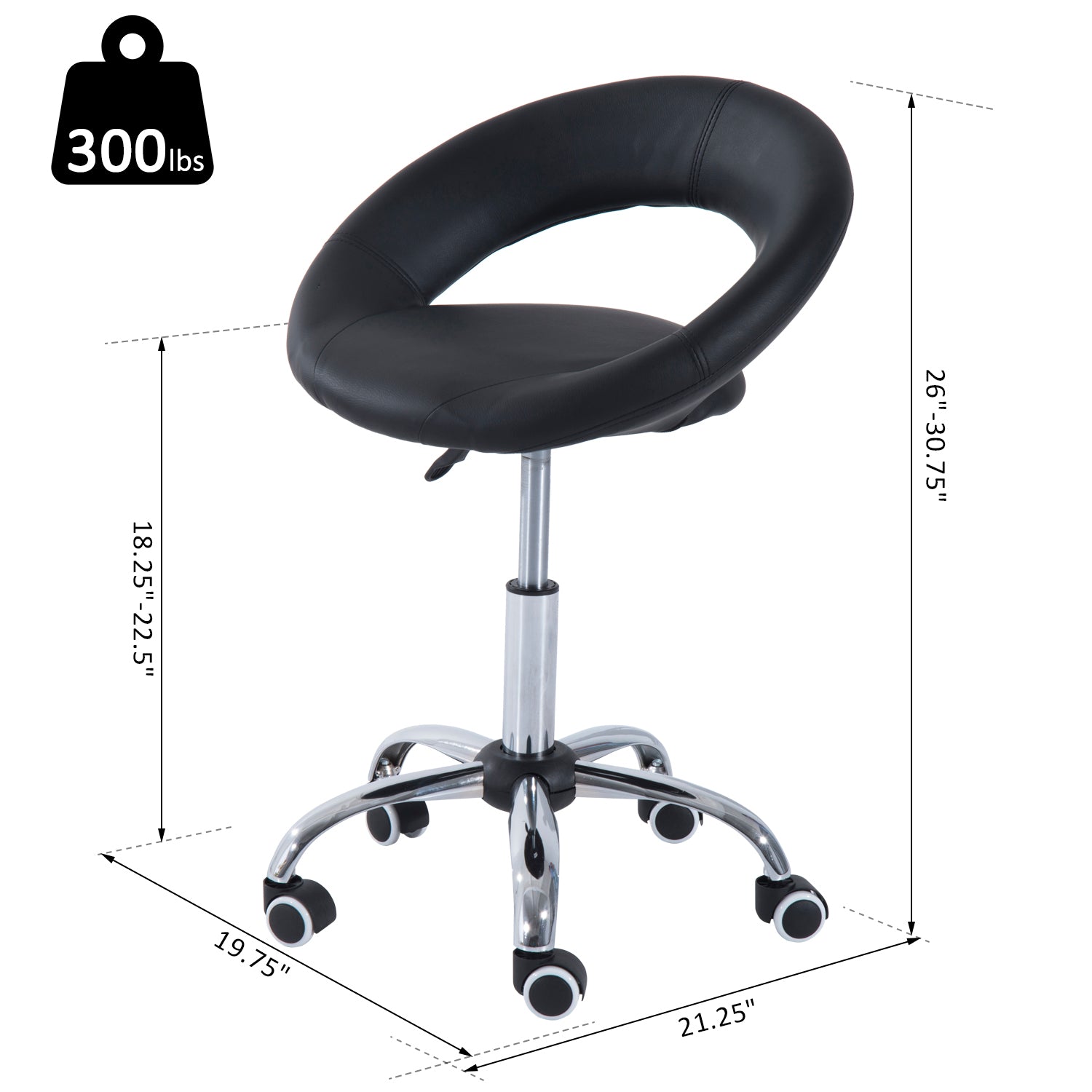 Crescent Rolling Salon Stool with Adjustable Height, Breathable Open Back, Foam Cushion Seat, and 5 Caster Wheels, Black