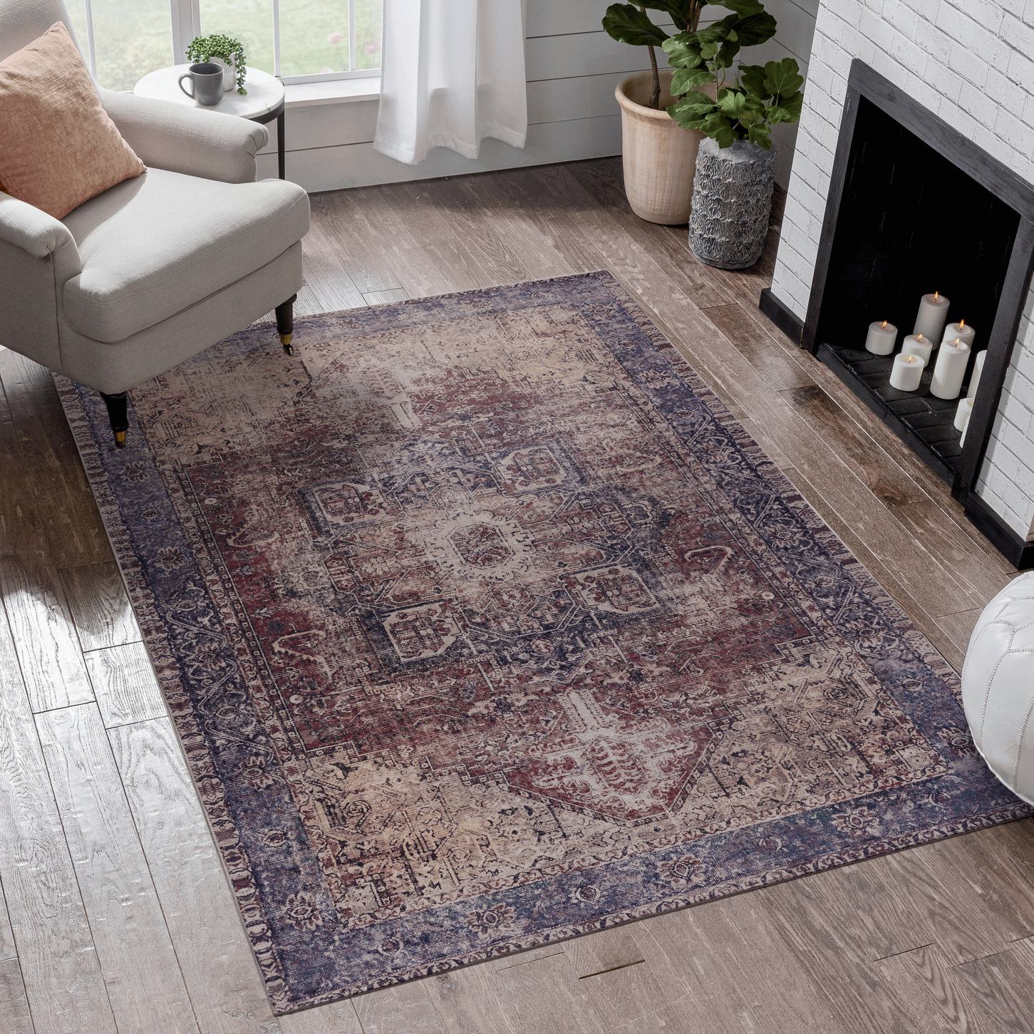 5x8 Washable Kid and Pet Friendly Area Rug, Low-Pile Non-Slip Non-Shedding Rug Blanket, for Living Room, Bedroom, Kitchen, Burgundy