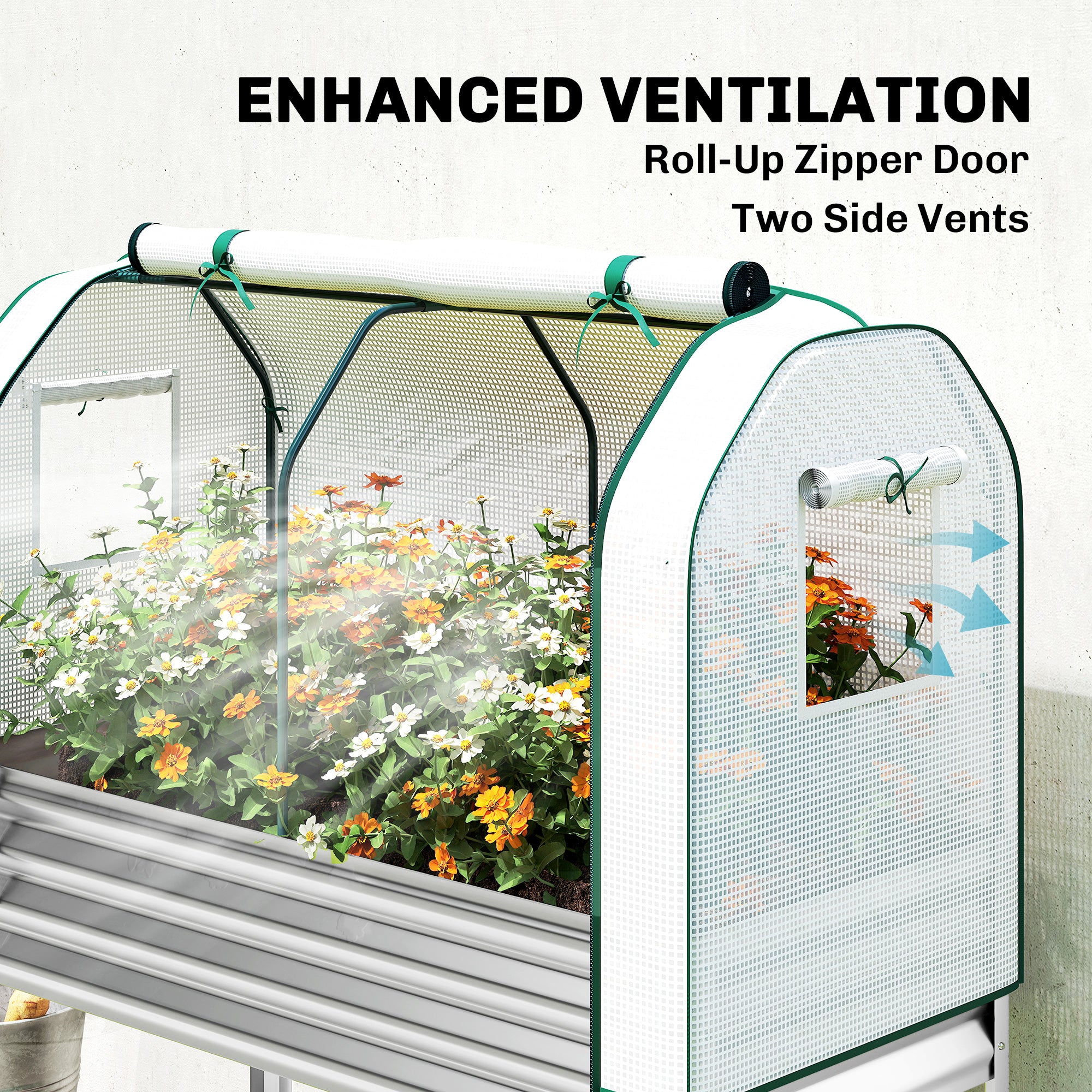 Galvanised Raised Garden Bed with Greenhouse Cover, Metal Elevated Garden Bed with Bed Liner, Bottom Shelf, Silver