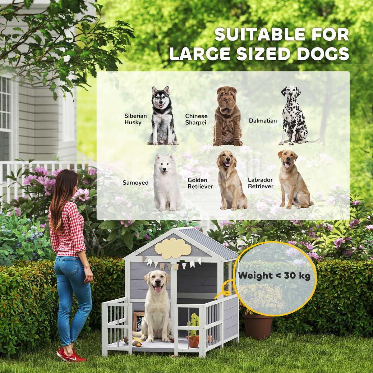 Outdoor Dog House, 61"L Wooden Dog House with Porch, Weatherproof Roof, Elevated Base, Air Vents & Observation Windows