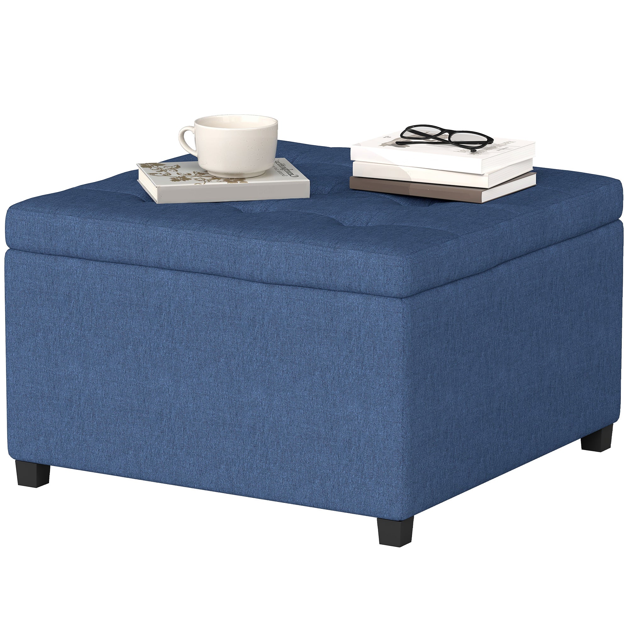 Round Storage Ottoman Bench, Button Tufted Ottoman with Flip Top for Living Room, Entryway and Bedroom, Blue