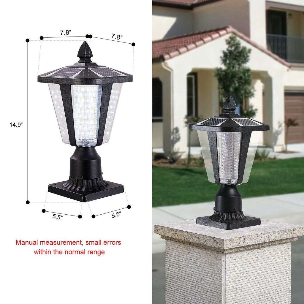 Solar Powered Outdoor Lantern with IP65 Waterproof, Modern Garden Light with LED for Pathways, Yards, 8" L x 8" W x 15" H, Black