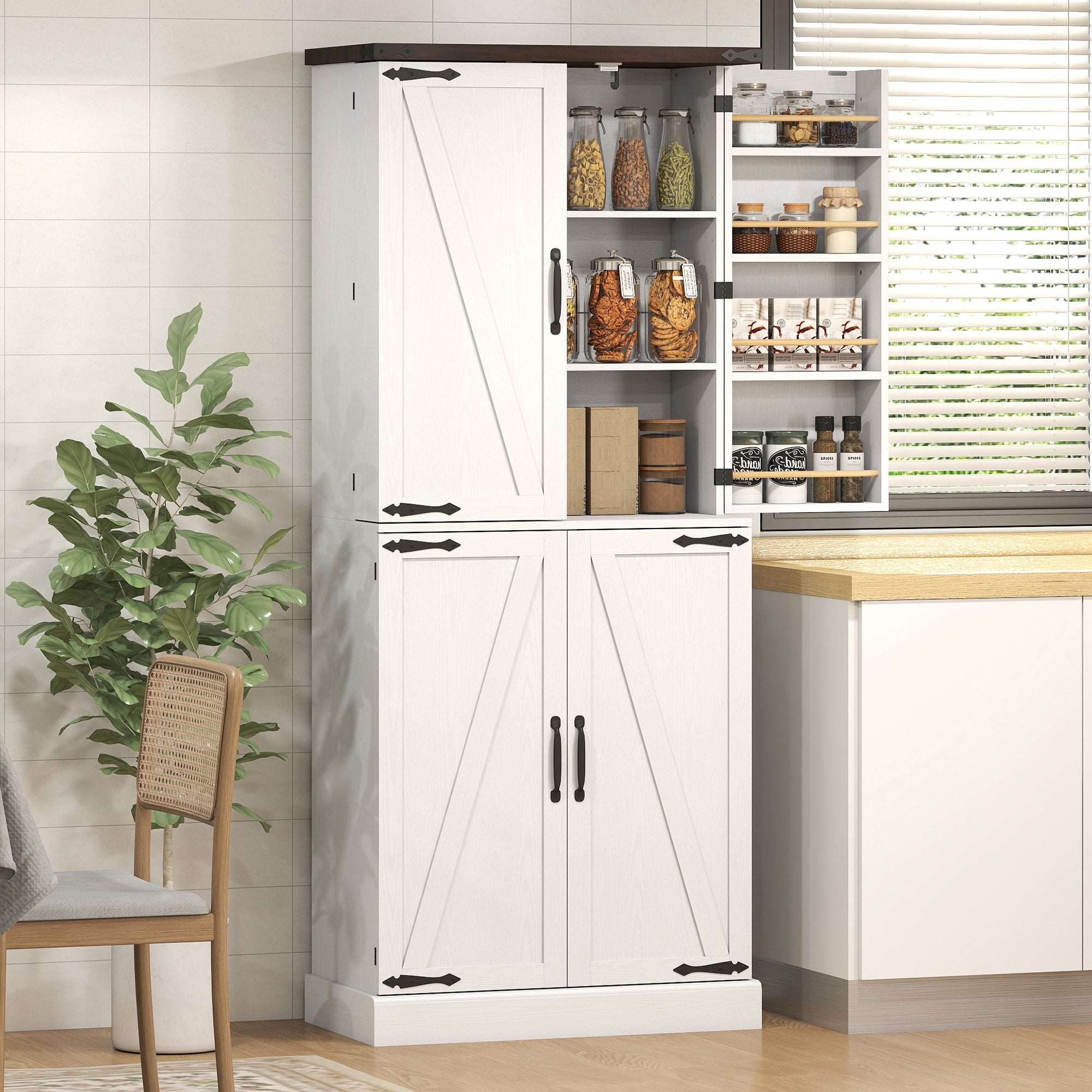 72" Tall Kitchen Pantry Cabinet, Farmhouse Storage Cabinet with 8 Door Racks and Adjustable Shelves, White