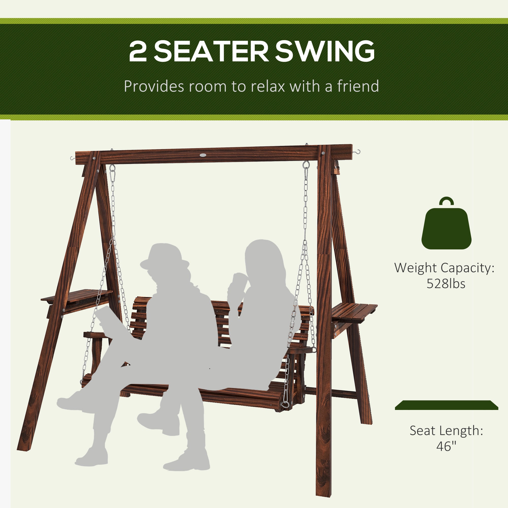 2-Seat Outdoor Swing Chair with Stand and Side Tables for Garden, Poolside, Backyard, Carbonized