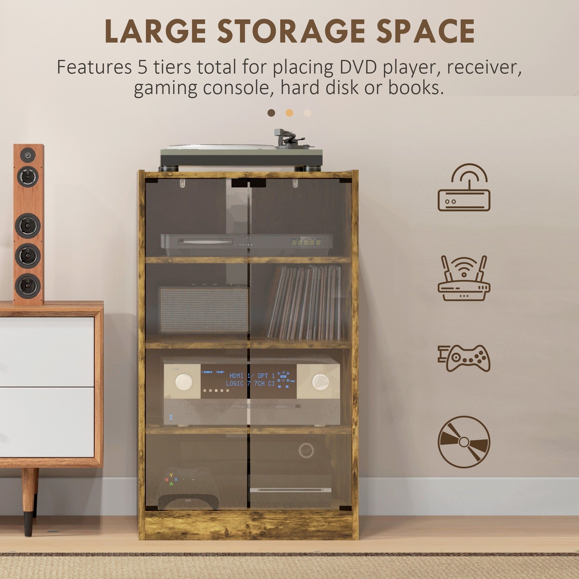 5-Tier Media Cabinet, Media Stand with Adjustable Shelves, Tempered Glass Doors, and Cable Management, Rustic Brown