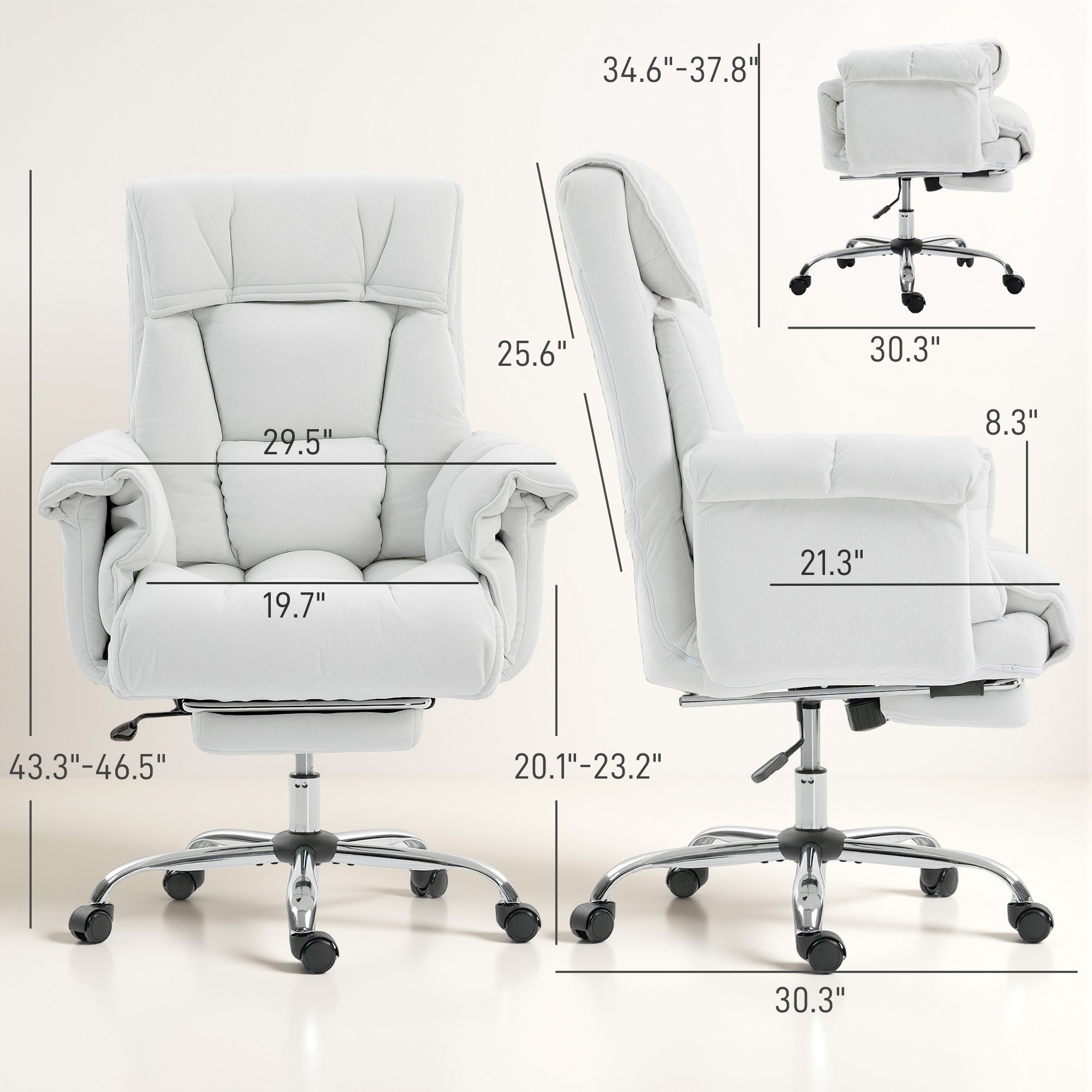 High Back Office Chair, Reclining Desk Chair with Footrest, High Resilience Foam, Rolling Wheels, Cream White