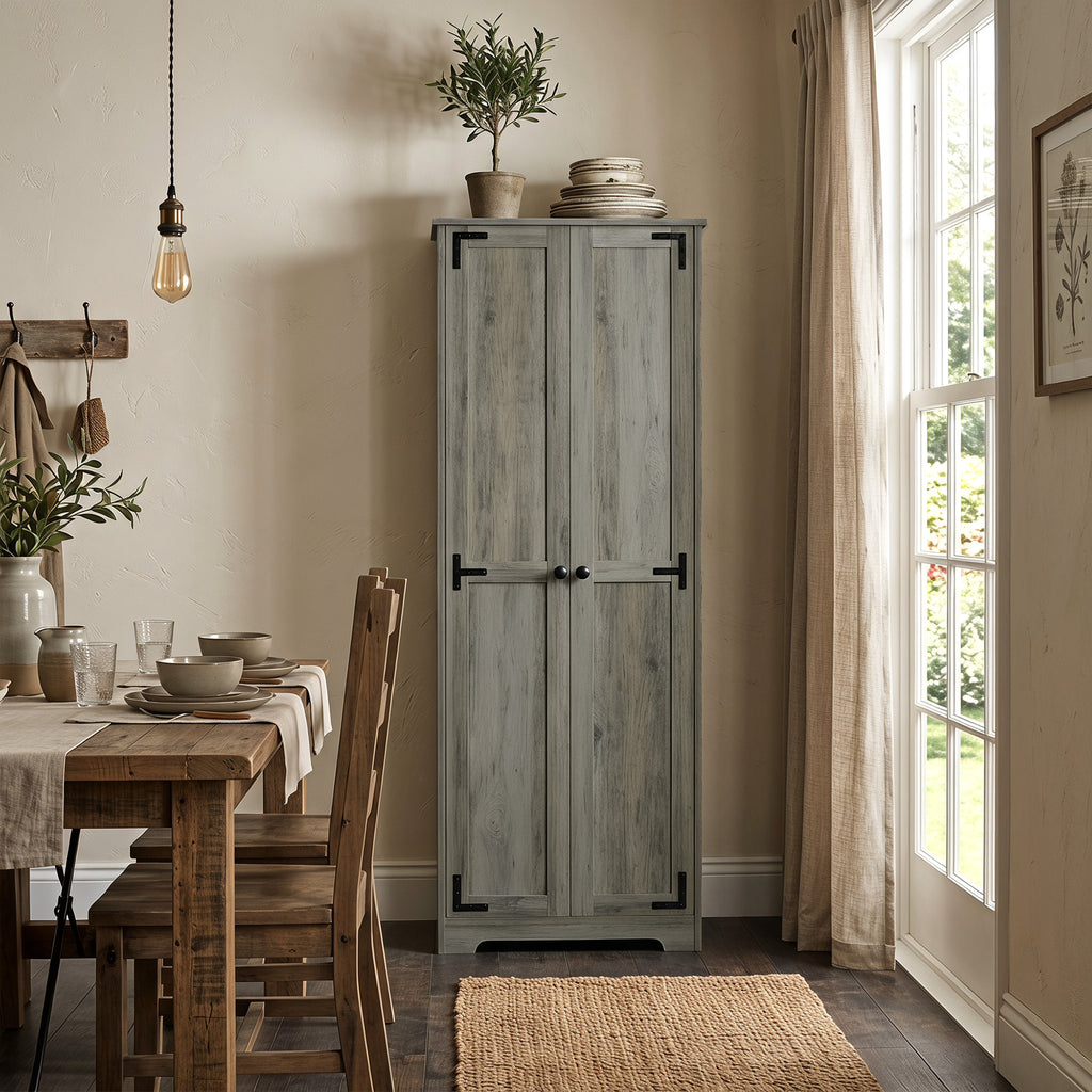 67" Farmhouse Pantry Cabinet, Freestanding Food Pantry Cabinet with Adjustable Shelves, Distressed Gray