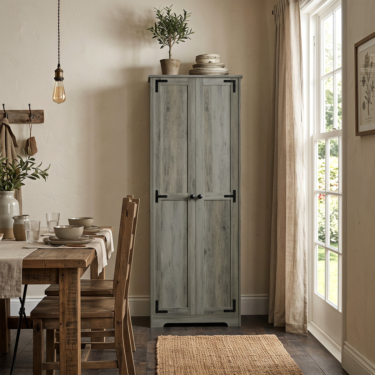 67" Farmhouse Pantry Cabinet, Freestanding Food Pantry Cabinet with Adjustable Shelves, Distressed Gray