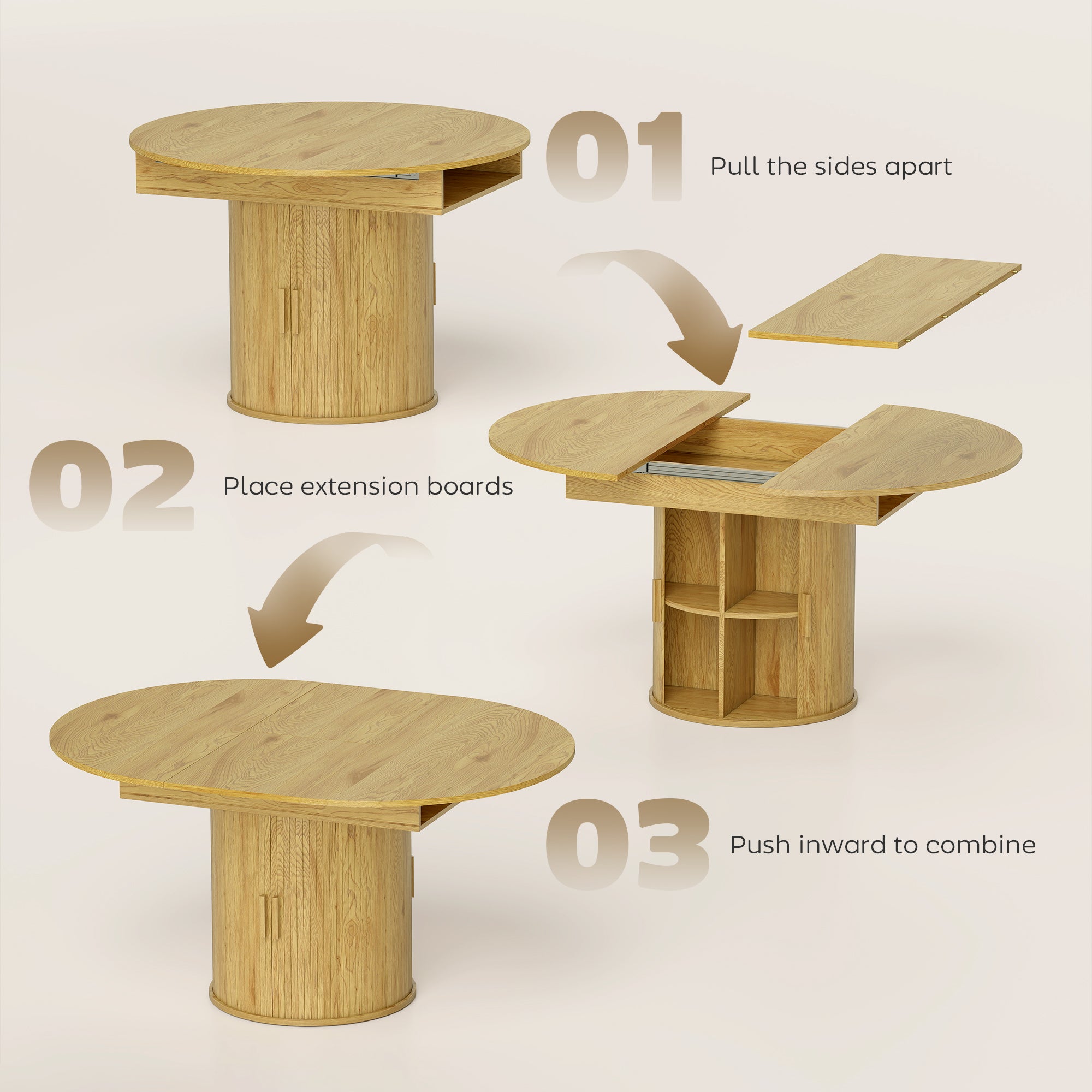Extendable Dining Table for 6, 60" Farmhouse Kitchen Table with 2-Tier Storage Shelf and Fluted Sliding Doors, Natural