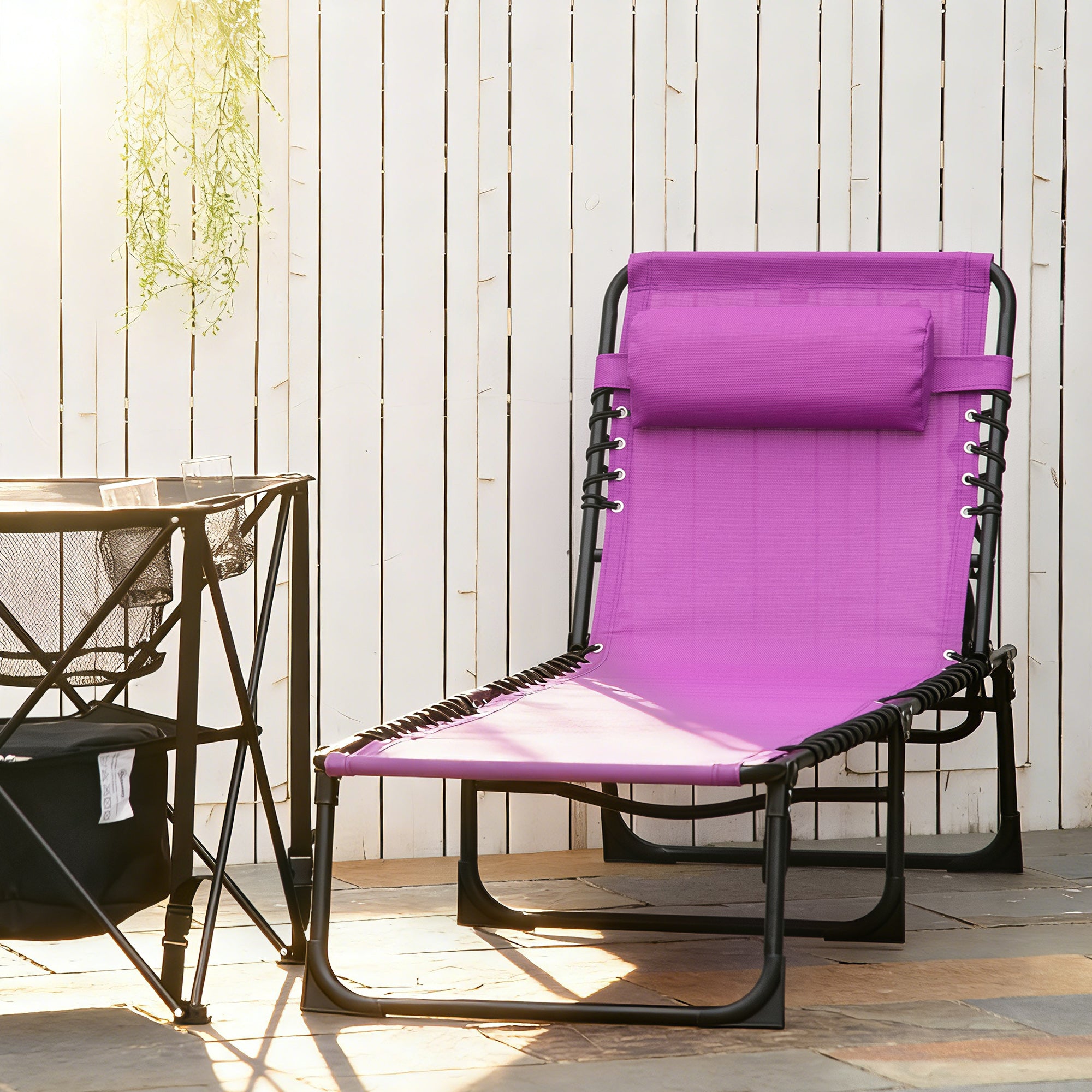 Folding Chaise Lounge Pool Chair with 4-Position Reclining Back, Pillow, Breathable Mesh & Bungee Seat, Purple