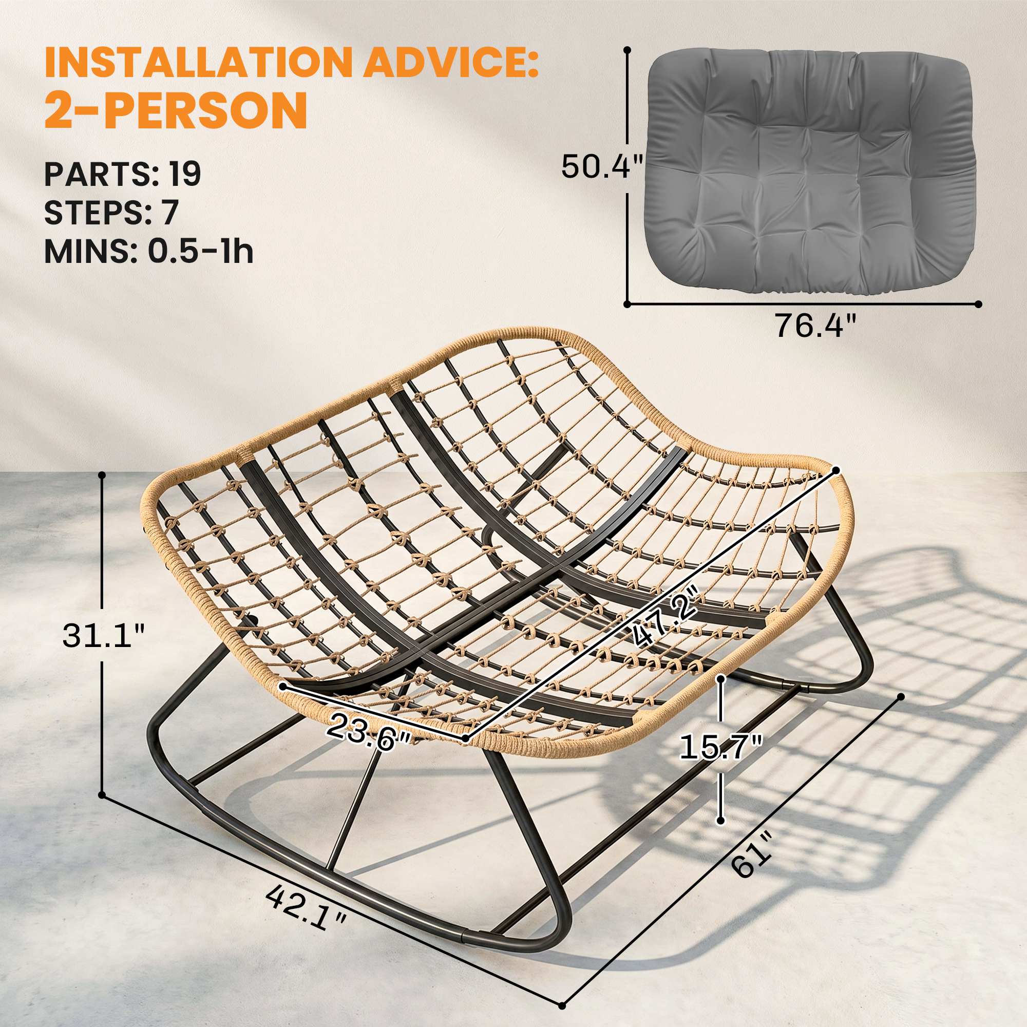 Indoor Outdoor Double Papasan Rocking Chair, Oversized Rocking Egg Chair with Cushion for Garden, Patio, Gray