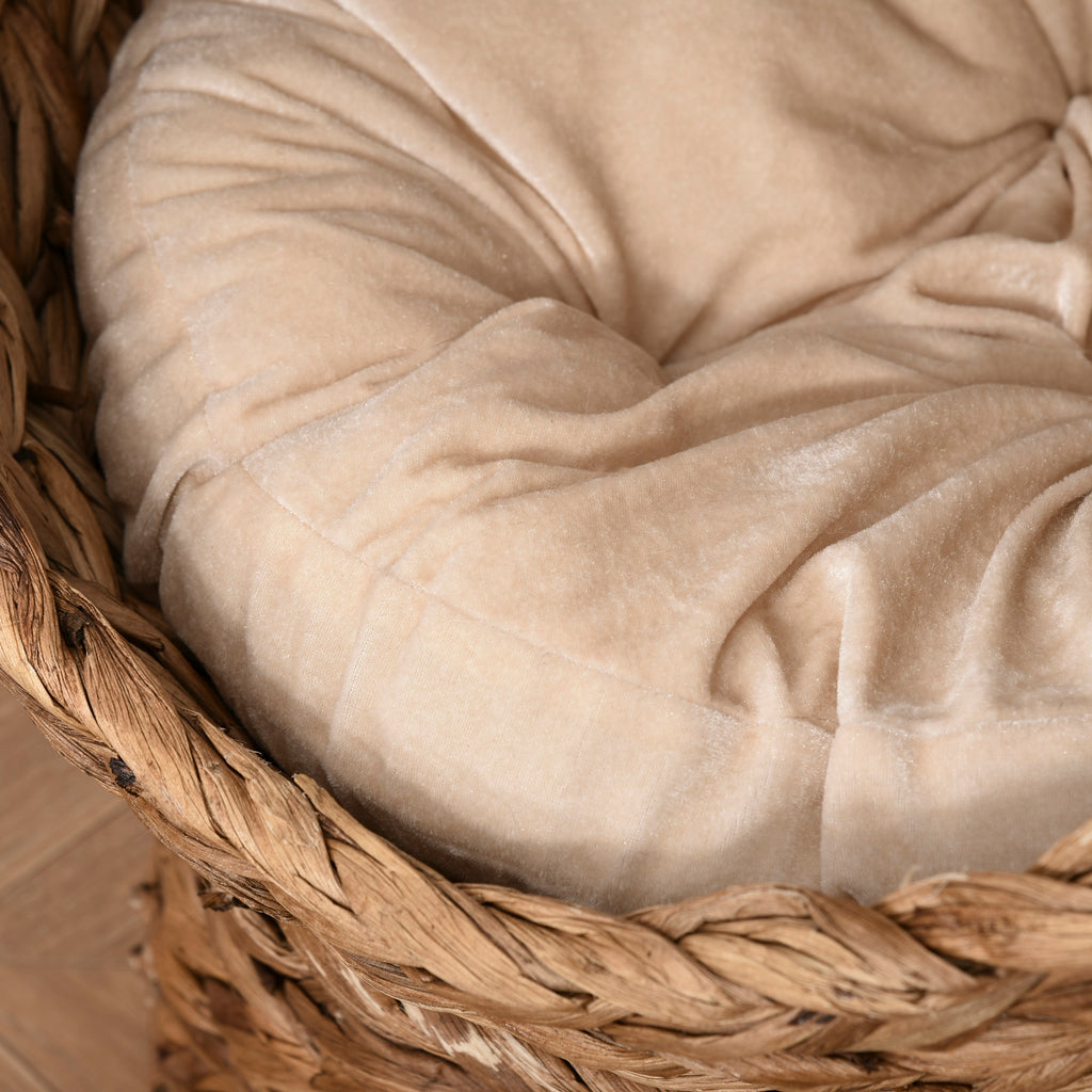 Handwoven Elevated Cat Bed with Soft Cushion & Egg Chair Shape, Basket Bed Kitty House with Stand, Raised Wicker House for Indoor Cats, 23.5" H, Light Brown