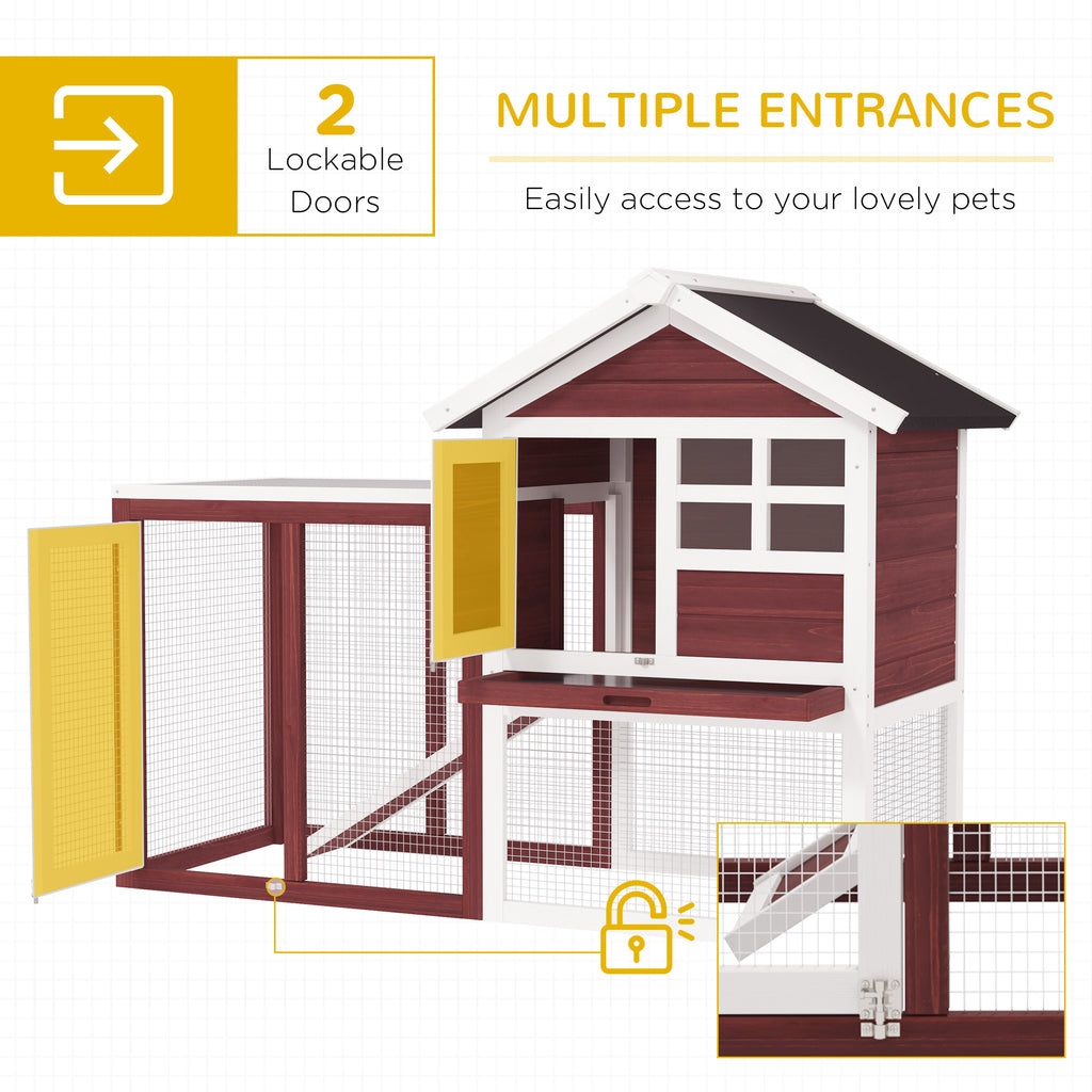 49" Wooden Rabbit Hutch Bunny Cage with Waterproof Asphalt Roof, Fun Outdoor Run, Removable Tray and Ramp, for Rabbits, Chickens, Ducks, Brown