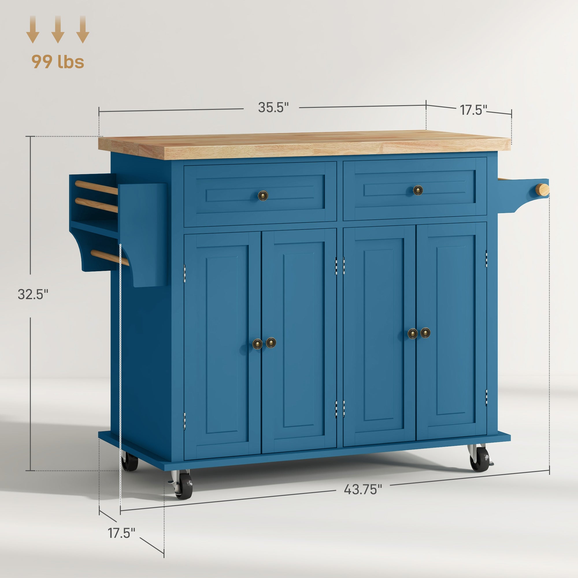 Kitchen Island on Wheels, Rolling Cart with Rubberwood Top, Spice Rack, Towel Rack and Drawers, Turquoise