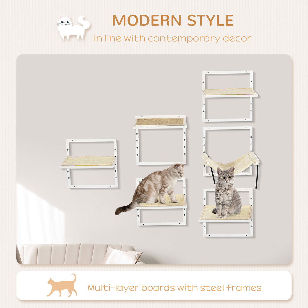 Cat Shelves for Indoor Cats, 6Pc Modern Cat Wall Furniture with Adjustable Height Jumping Platforms & Hammock, Cream White