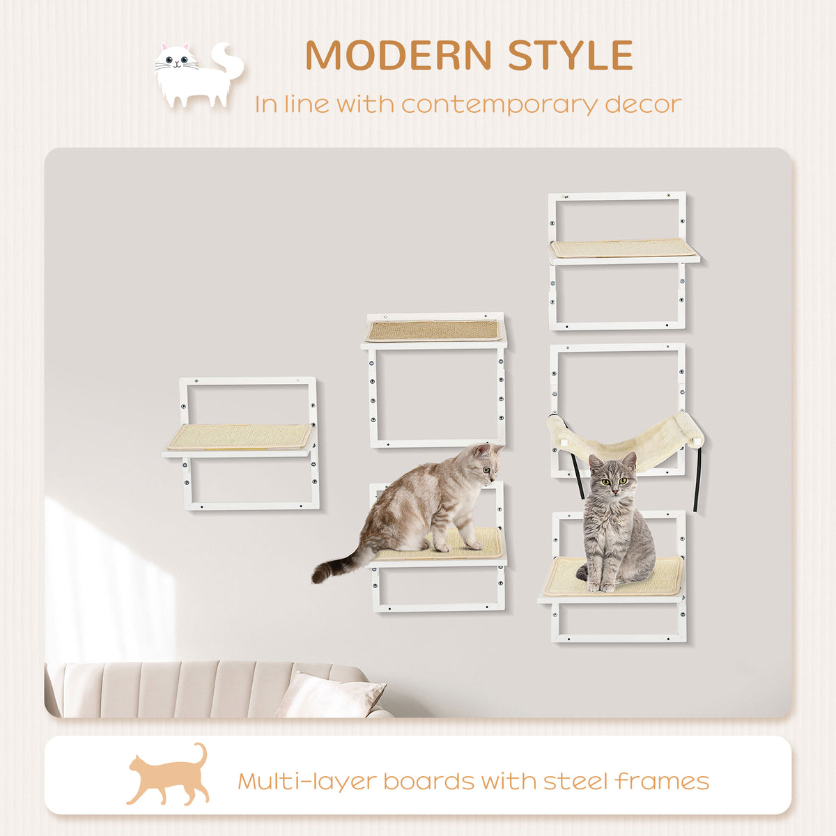 Cat Shelves for Indoor Cats, 6Pc Modern Cat Wall Furniture with Adjustable Height Jumping Platforms & Hammock, Cream White