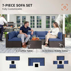7 Piece Patio Furniture Set, All Weather PE Rattan Outdoor Furniture Conversation Sets with Glass Top Coffee Table