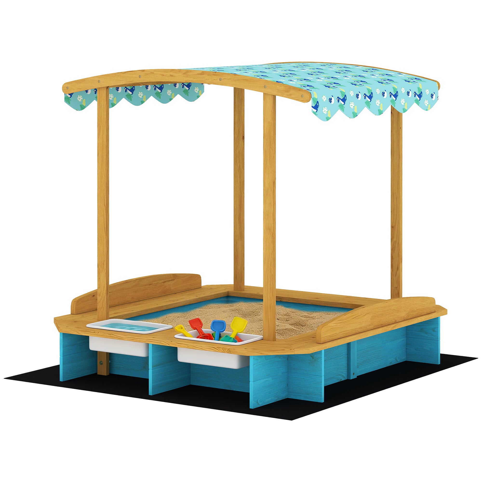 Wooden Sandbox with Dinosaur Print Canopy Kids Sandbox Outdoor with Bench Seats & 2 Storage Bins
