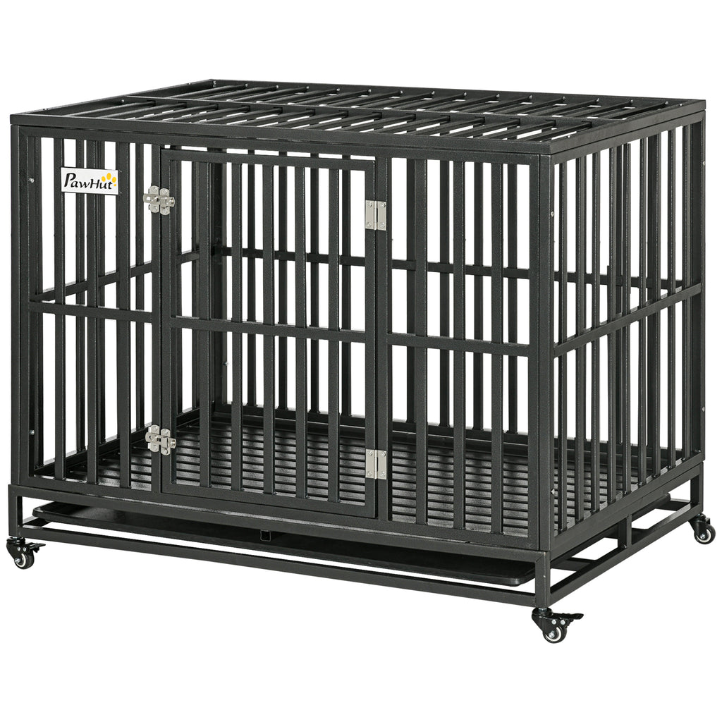 45" Heavy Duty Dog Crate, Escape-Proof Steel Kennel with Wheels, Black