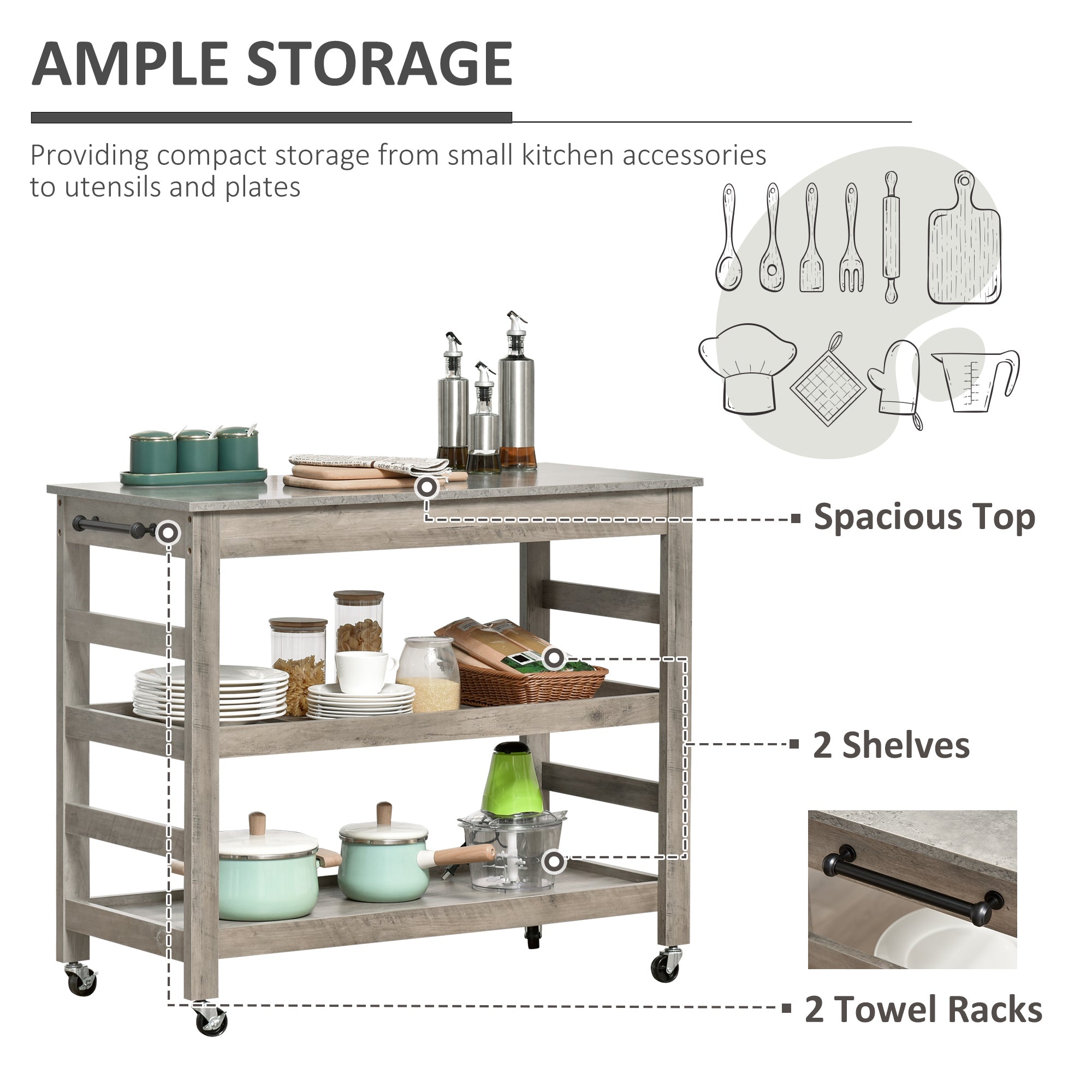 Kitchen Cart, Rolling Kitchen Island Utility Trolley with Stainless Steel Top