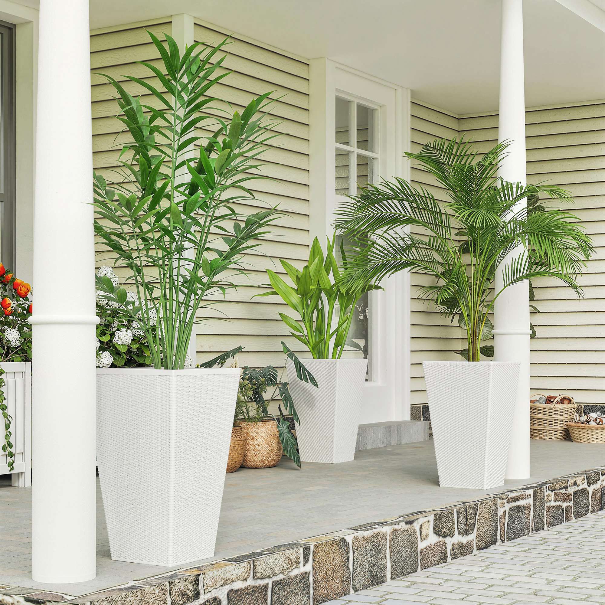 Tall Planters for Outdoor Plants Set of 3, 24 In Taper Planters with Drainage Holes, Rattan Decor Plant Pots, White