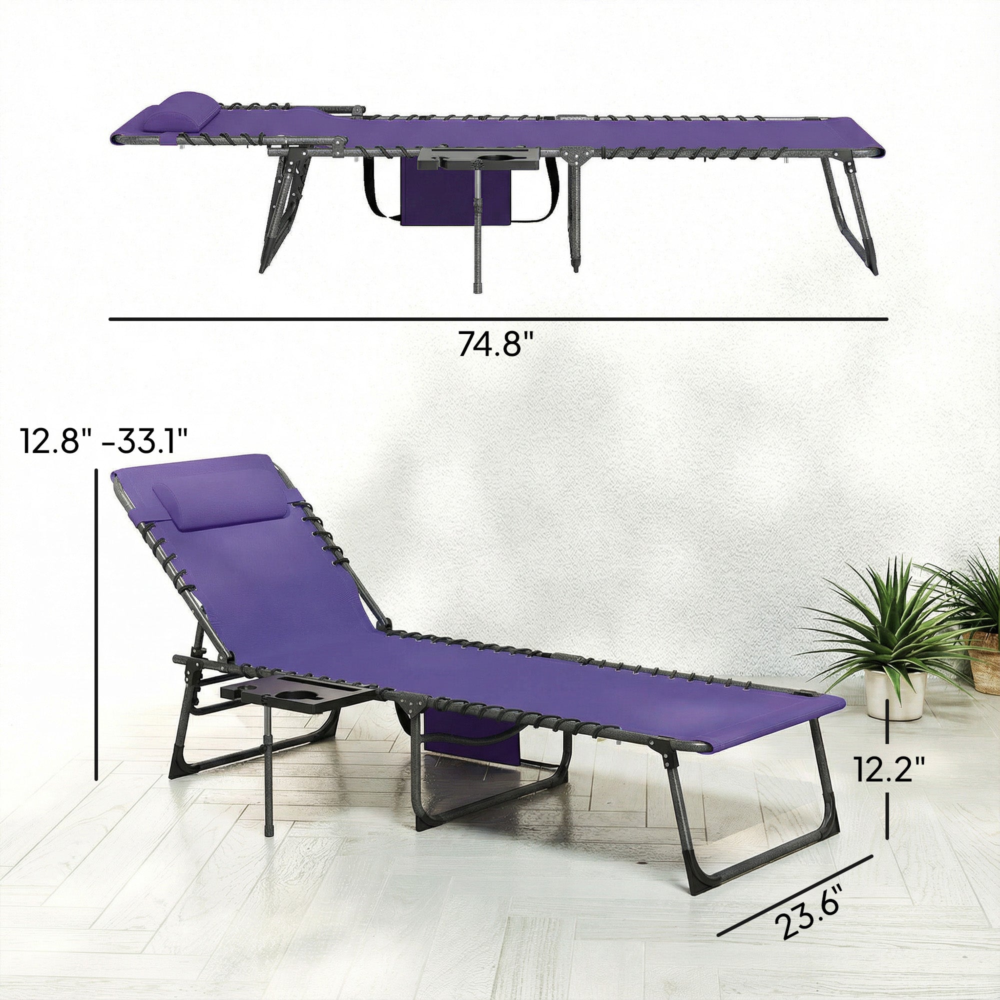 Folding Outdoor Chaise Lounge Chair Tanning Chair with 5-Level Adjustable Back, Side Table, Pillow, Pocket, Purple