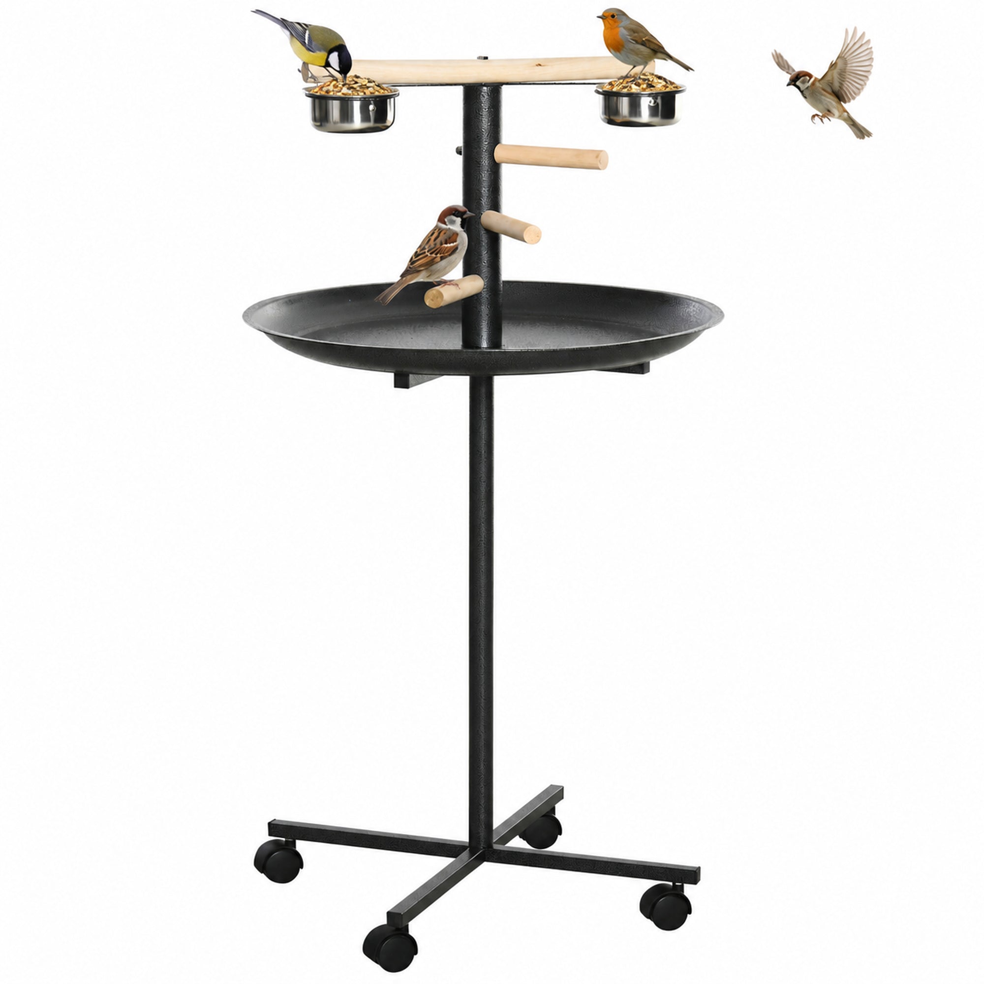 Portable Bird Play Stand, Parrot Perch Bird Feeder Station with Wheels, Stainless Steel Feeding Bowls, Tray, Gray