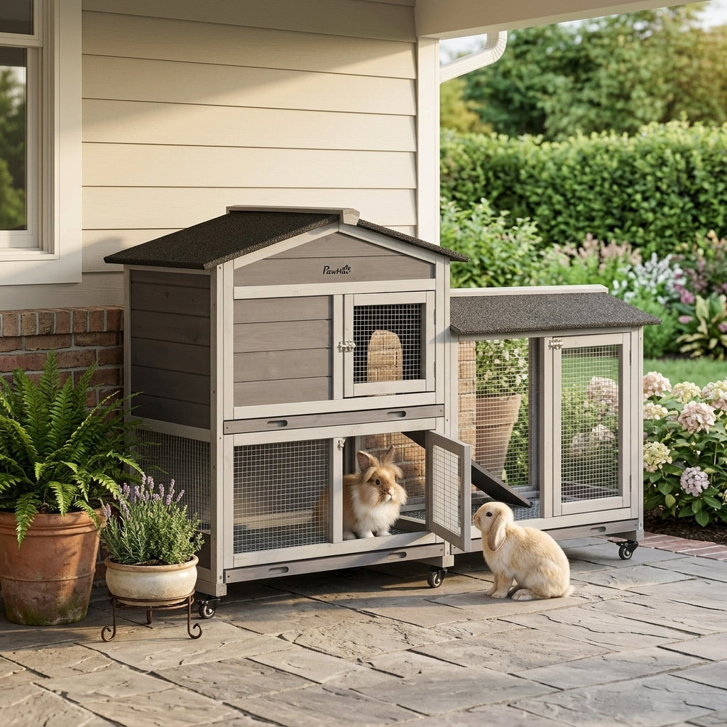 62" Wooden Mobile Rabbit Hutch with Wheels, Run Box, Slide-out Tray, Ramp