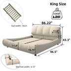 King Size Upholstered Bed with Oversized Padded Backrest, Solid Wood Frame, Adjustable Mattress Heights, 96.5" L x 86" W x 43.5" H, Beige