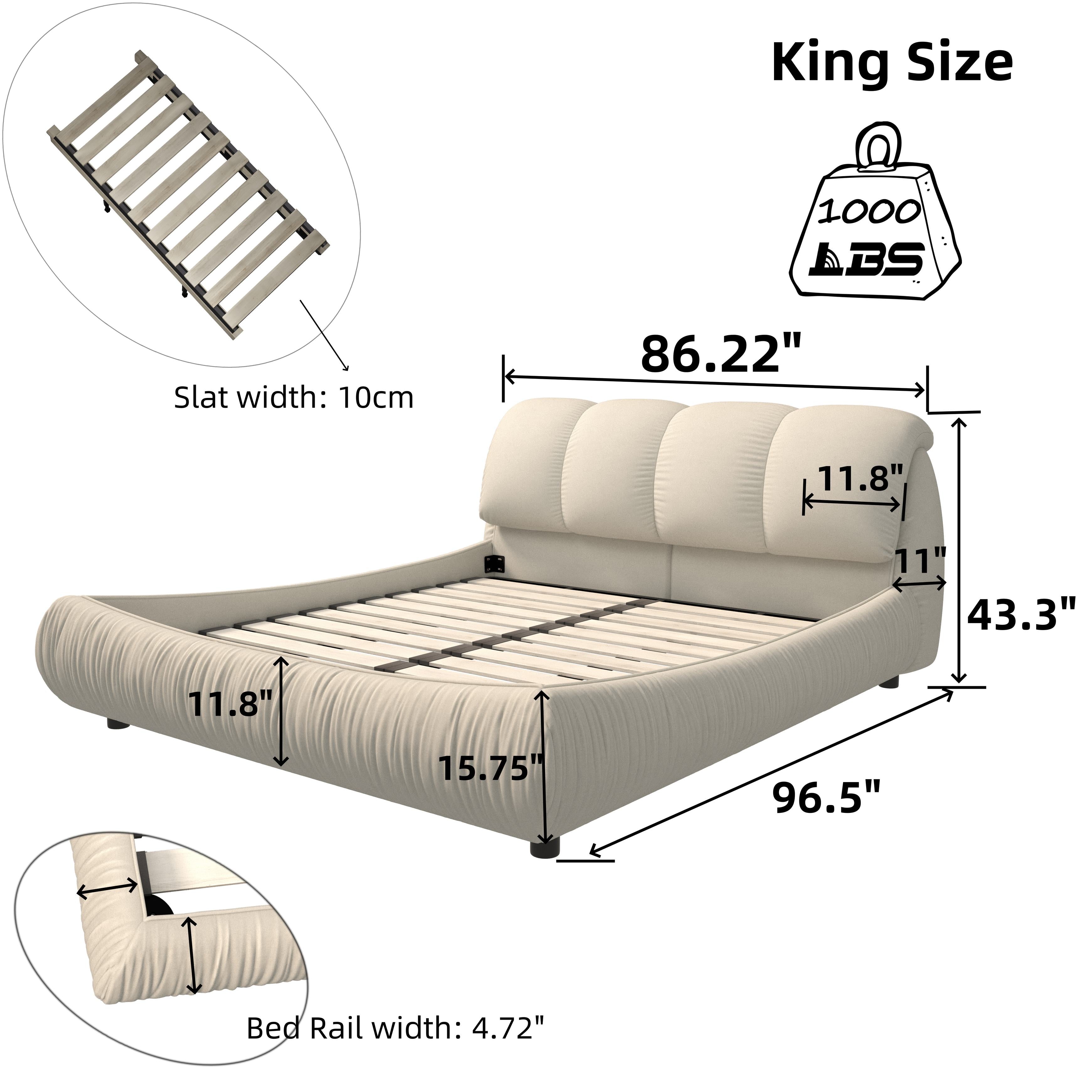 King Size Upholstered Bed with Oversized Padded Backrest, Solid Wood Frame, Adjustable Mattress Heights, 96.5" L x 86" W x 43.5" H, Beige