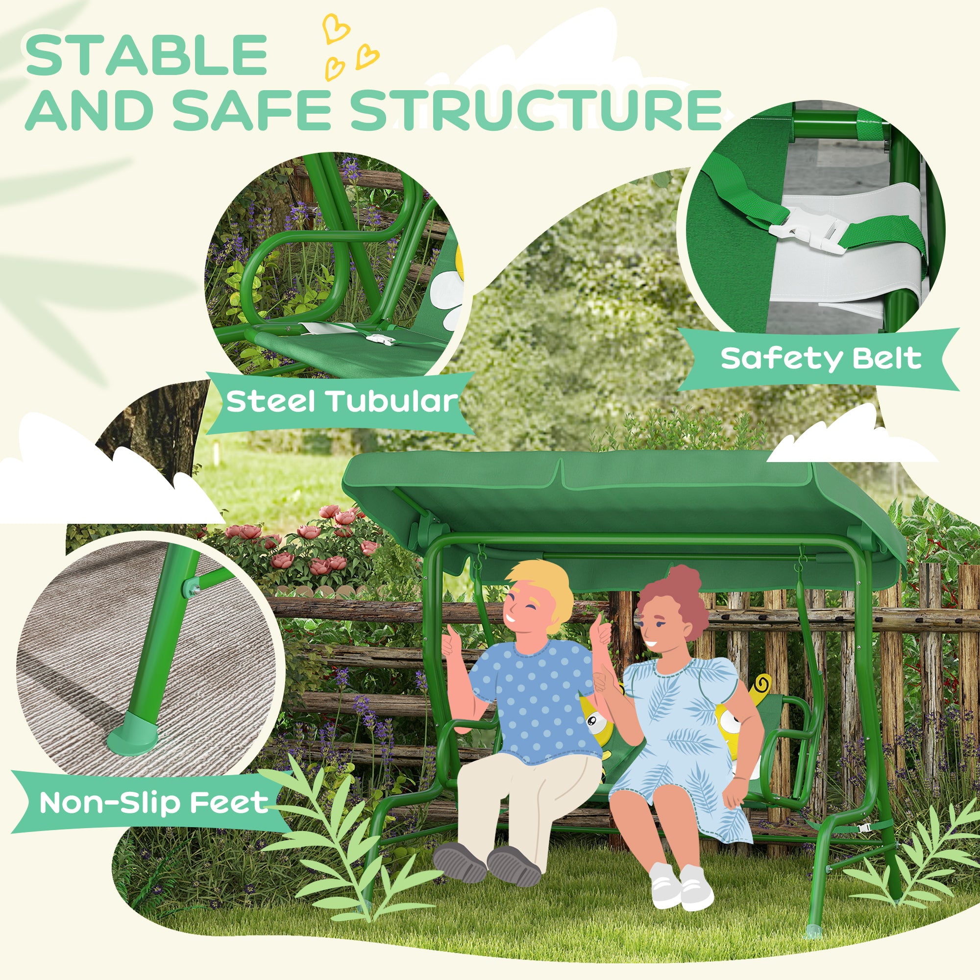 Kids Patio Swing Chair with Adjustable Canopy, Safety Belt for Patio, Garden, Poolside, Balcony, Dark Green