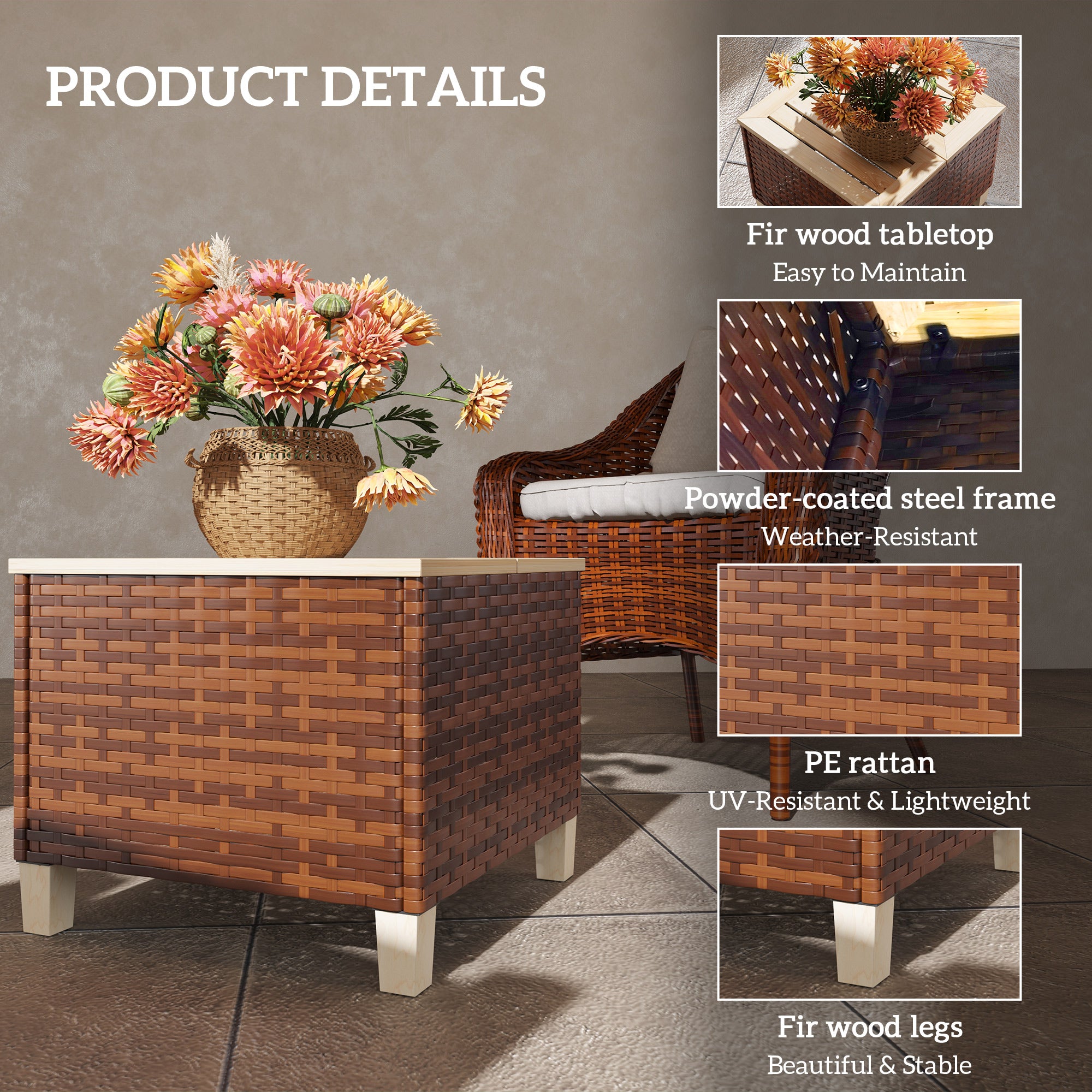 Outdoor Side Table with PE Rattan, Patio End Table with Natural Fir Wood Tabletop and Legs, Weather Resistant Accent Table for Patio Pool Porch, Brown