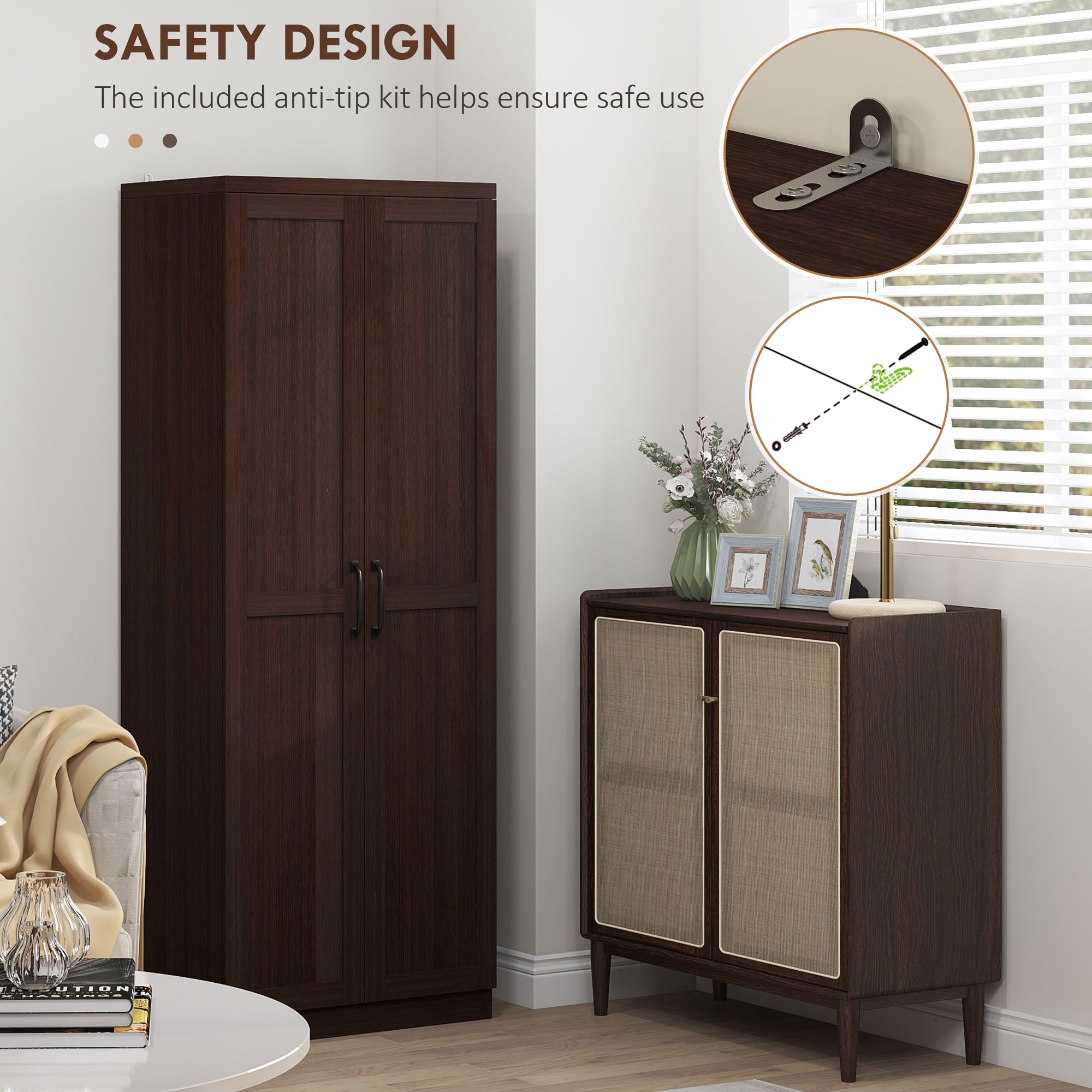 63" 2-Door Kitchen Pantry, Freestanding Cabinet with 2 Adjustable Shelves for Dining Room, Cinnamon Cherry Wood Grain
