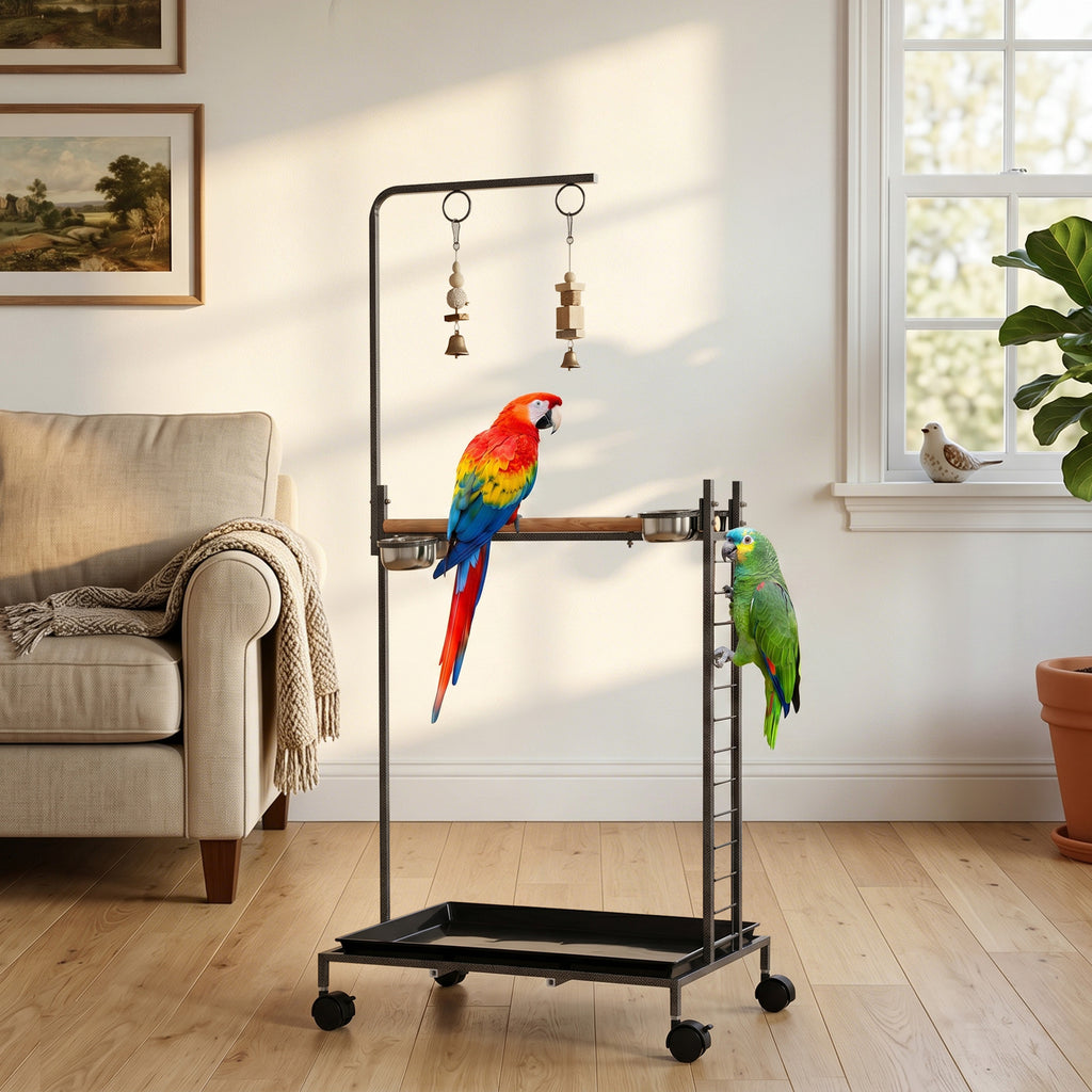 Bird Stand with Wheels Parrot Stand with Slide-out Tray Stainless Steel Bowls for Indoor Outdoor Dark Gray