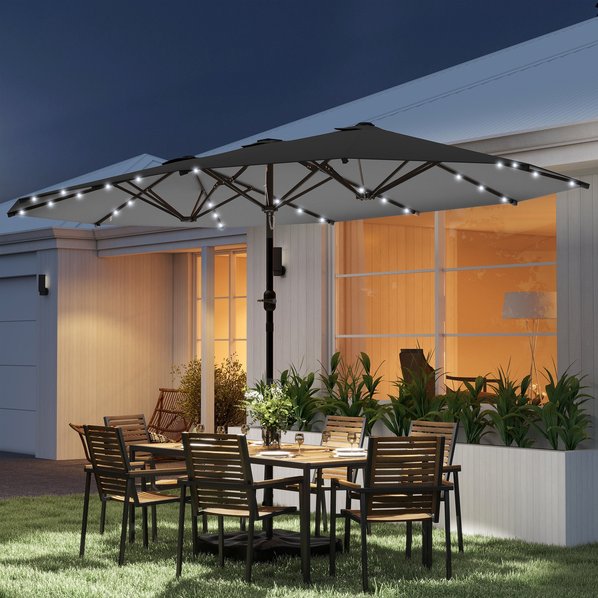 Garden Parasol 14.4ft Double-Sided Sun Umbrella with Base, Patio Parasol with LED Solar Lights, Gray