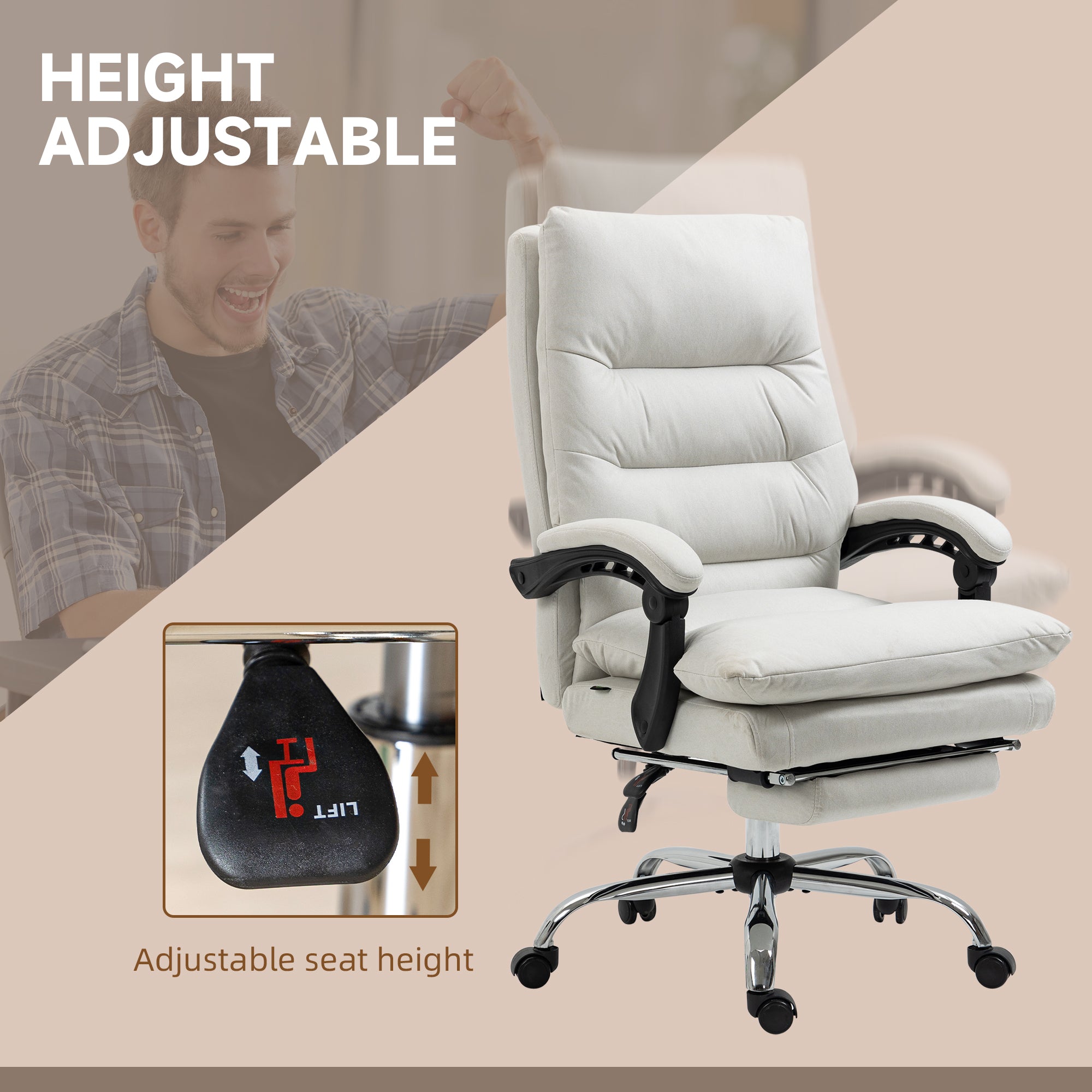 Microfibre Executive Massage Office Chair, Computer Desk Chair, Heated Reclining Chair with Footrest, Double-tier Padding, Swivel Wheels, Cream White