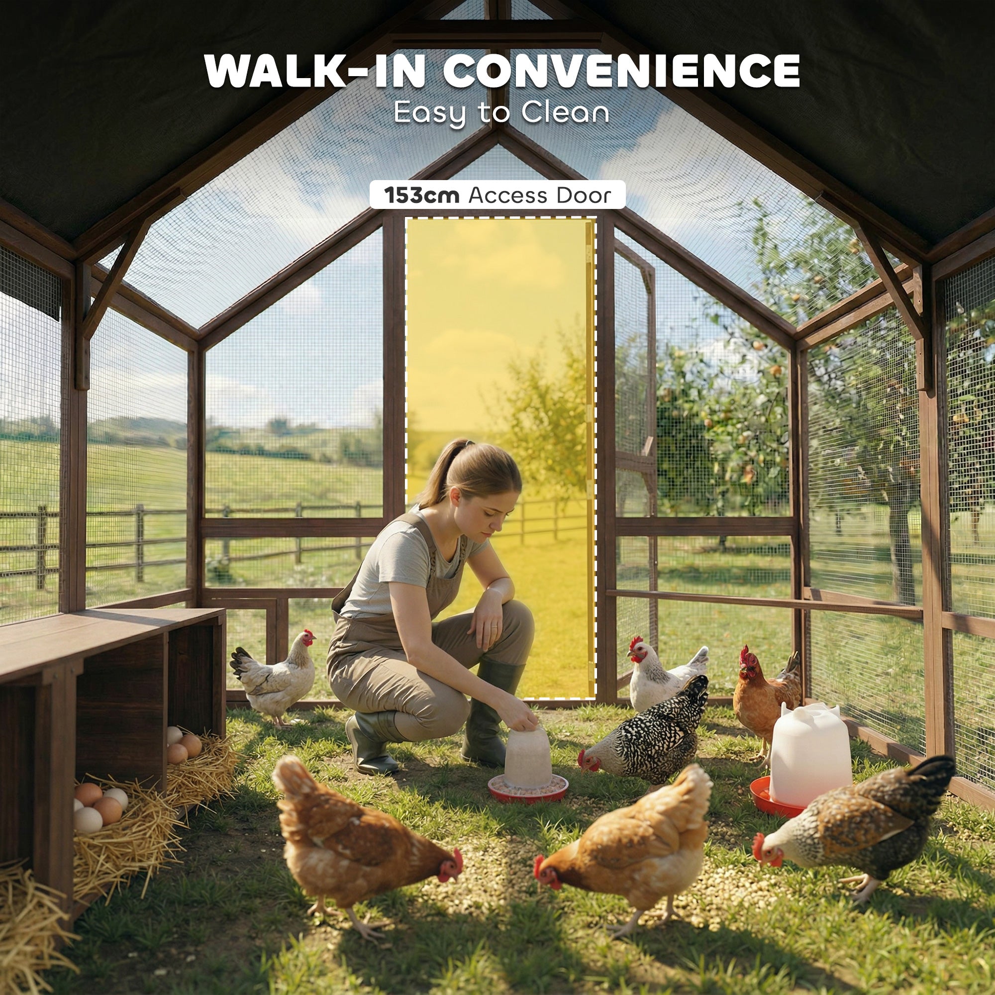 Large Wooden Chicken Coop for 8-10 Hens, Walk-in Chicken Run with Waterproof Cover, Nesting Boxes and Perches
