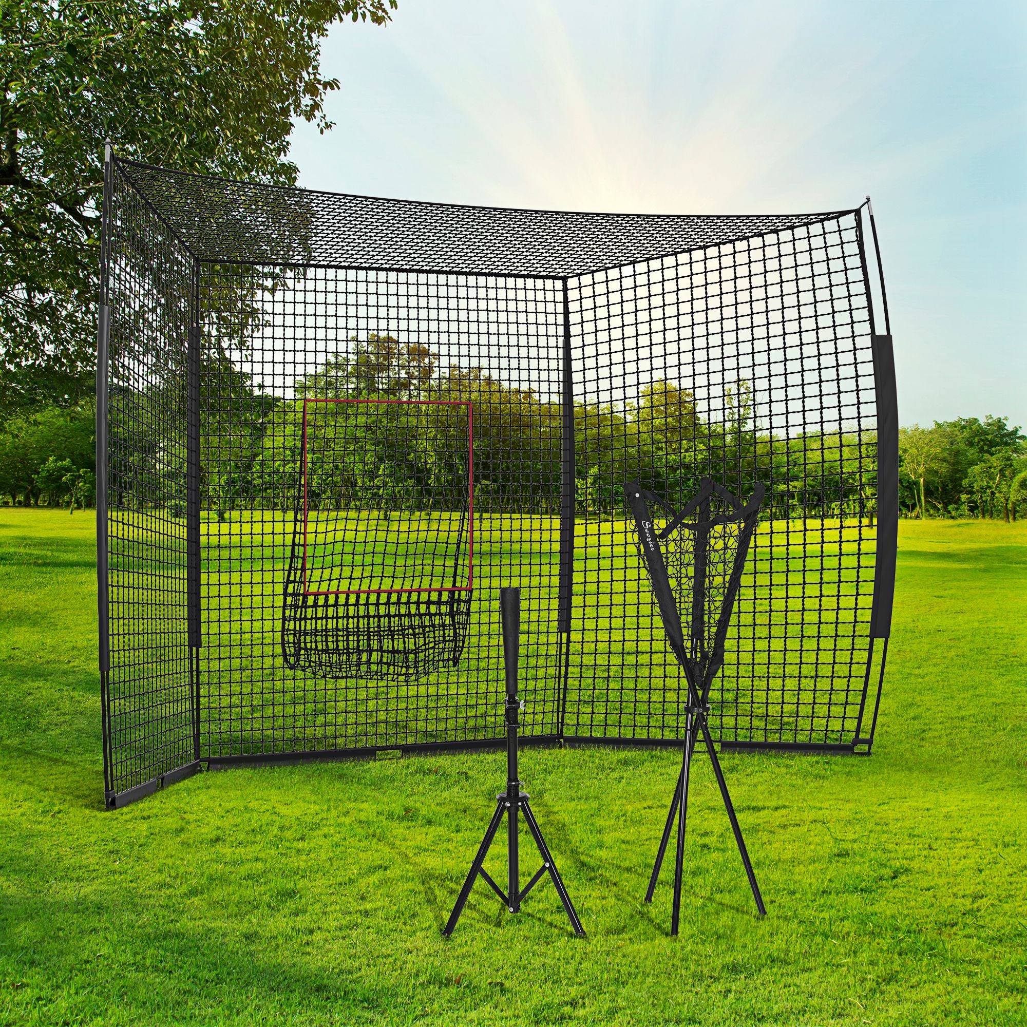 Softball and Baseball Net with Strike Zone, Tee, Caddy, and Portable Carry Bag for Pitching and Hitting Training