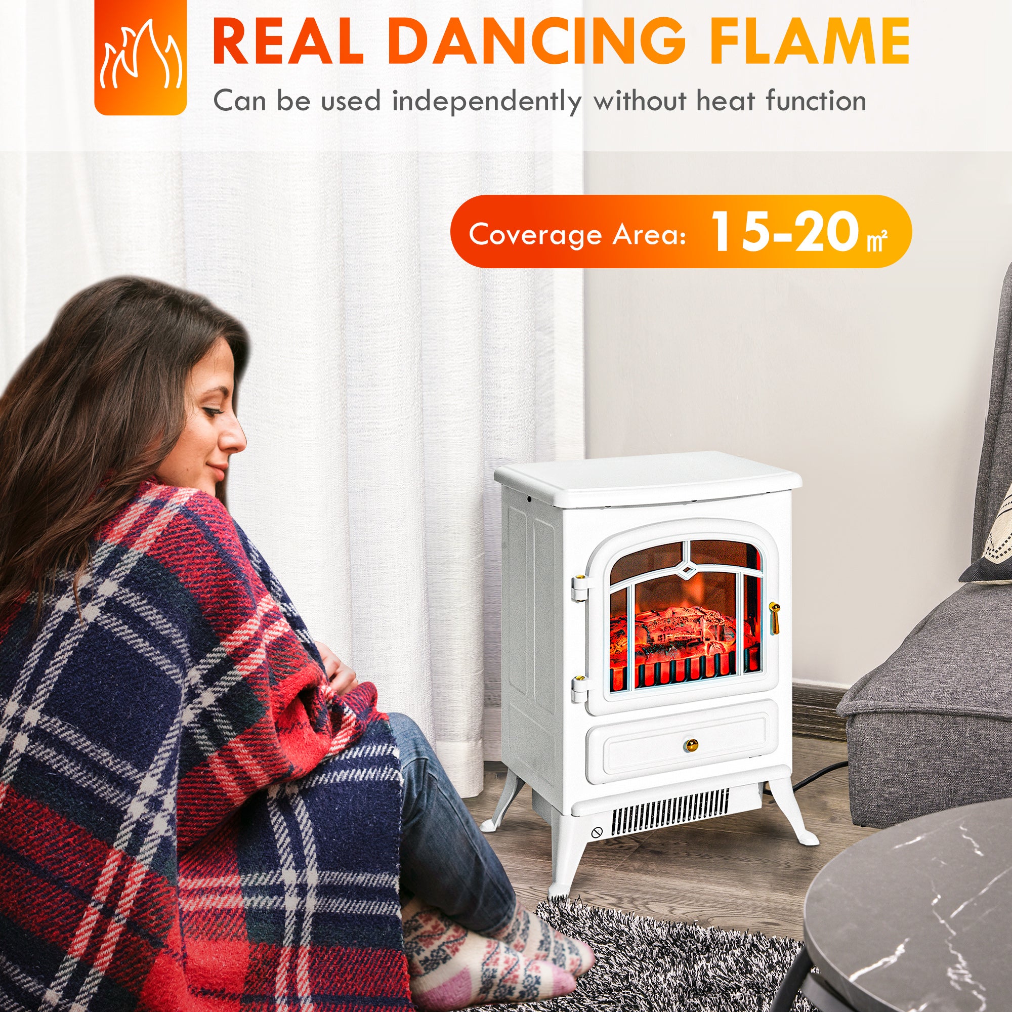 Fireplace Stove, Electric Fireplace Heater with Realistic LED Flames and Logs, 725W/1450W, White