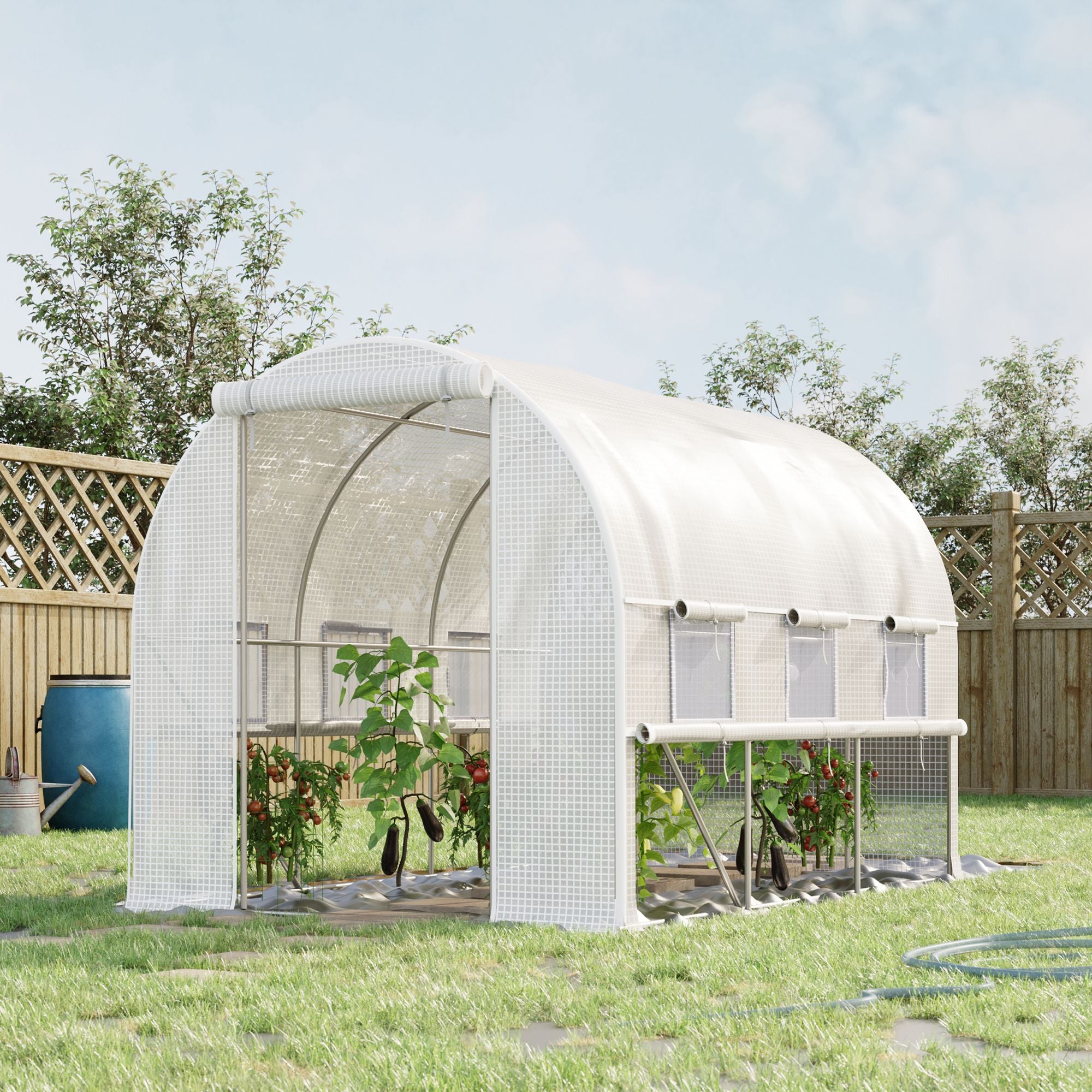9.7' x 6.5' x 6.5' Walk-in Tunnel Greenhouse, Outdoor Green House with Anti-Tear PE Cover, Zipper Doors and Mesh Windows, White