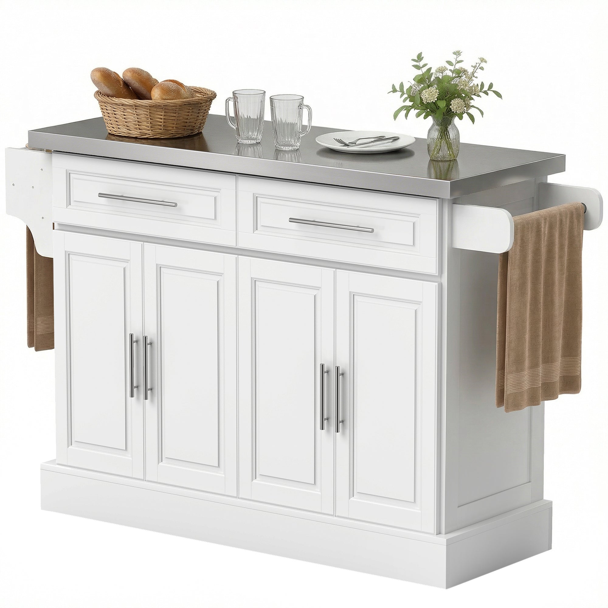 Rolling Kitchen Island Cart with 47" Stainless Steel Top, Portable Island Table for Kitchen with Wheels, Adjustable Shelves, 2 Drawers, Spice, Knife and Towel Rack, White